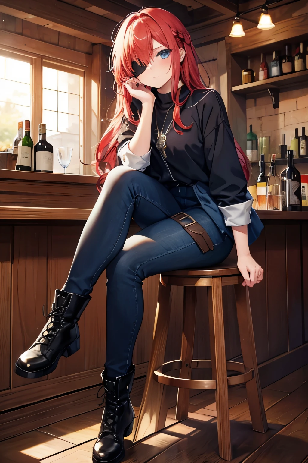((masterpiece)), ((highest quality)), ((High resolution)), ((finely)),anime illustration,1 female,19 year old beautiful girl with long red hair,Sleepy look,eye patch on left eye,dark blue eyes,Men's simple shirt, pants, and boots,medieval female mercenary,Sitting on a wooden chair at the counter of a bar,drink alcohol on one's elbows,Cool poses