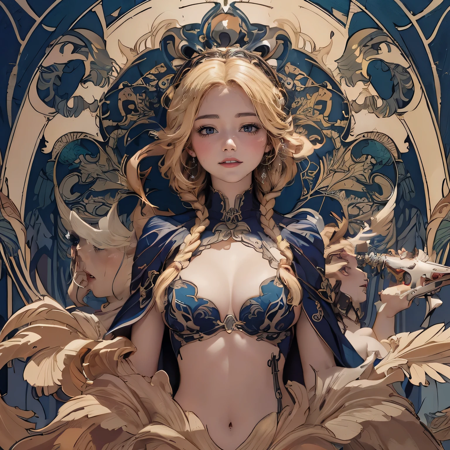(high definition symmetrical image), aerial angle, (mechanical, complex body), ((huge god's weapon has female face's outline embedded, Art Nouveau, round face, smiling, small breast)), drooping eyes, blush, blond, braid,