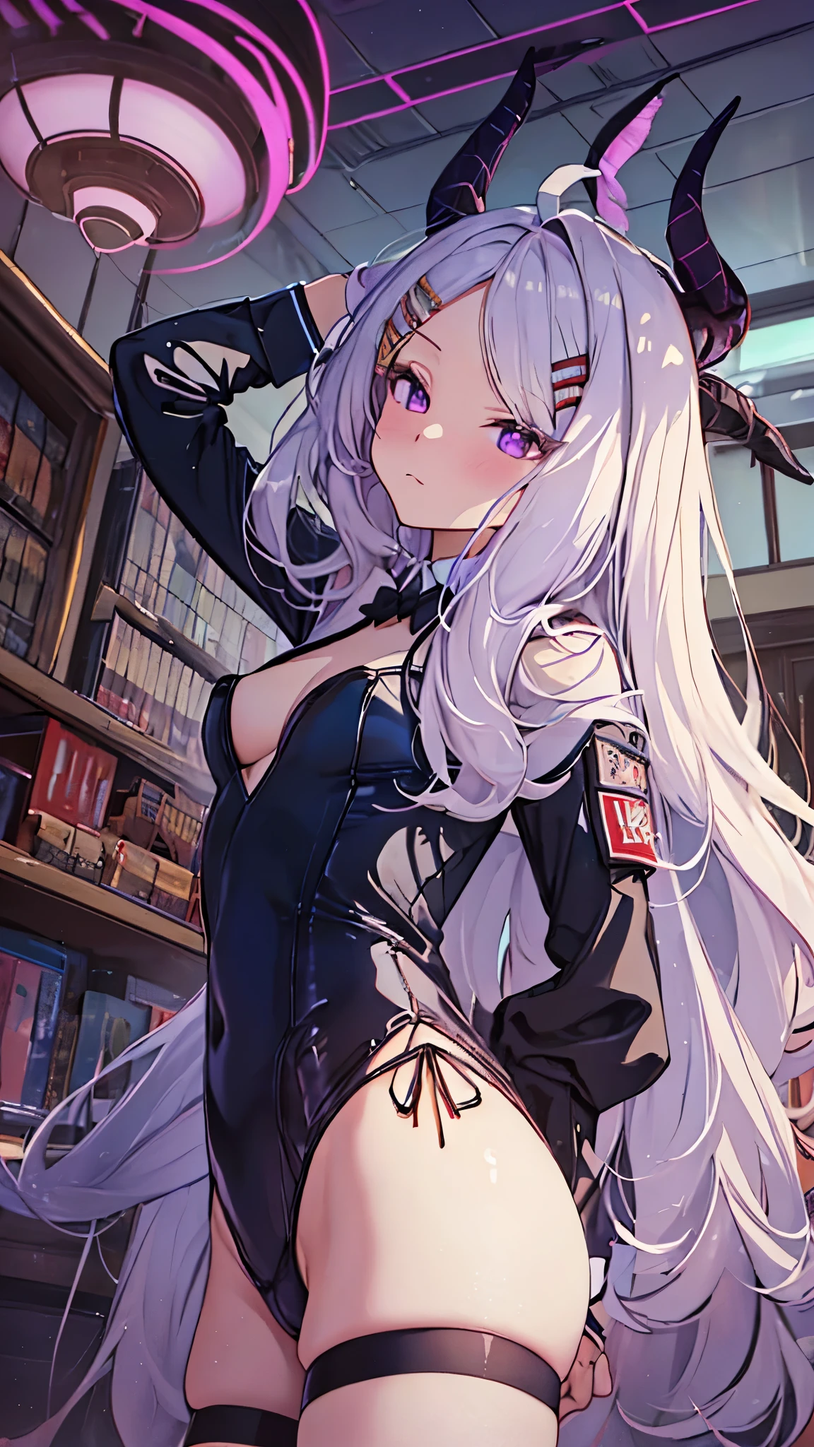 classroom,(playboy bunny:1.3),dynamic angle,(from below:1.5),(ceiling:1.5), (crotch  close-up:1.3),long_hair, white_hair, horns, bangs, purple_eyes, parted_bangs, ahoge, demon_horns, hair_ornament, hairclip, halo, blush, multiple_horns, very_long_hair,((cowboy shot)),dynamic angle,top-quality,Top image quality,perfect anatomy,masterpiece,ultra-detailliert,Beautiful、ultra-quality, best quality,high resolution, ultra-detailed,game cg,dutch angle ,beautiful detailed eyes, visualart,five fingers, perfect hands,