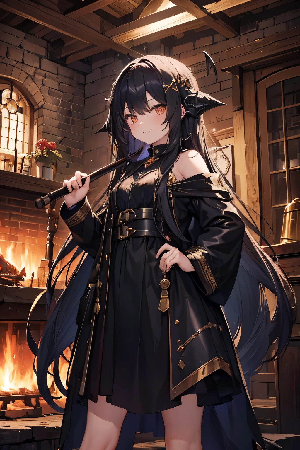 ((masterpiece)), ((highest quality)), ((High resolution)), ((finely)), 1 girl,black long hair,golden eyes,10 year old girl,Huge dragon horn coming from head,Cute goth  costume,He carries a huge blacksmith hammer in his left hand.,A fearless grin,Stand in front of the furnace in the blacksmith&#39;s room.