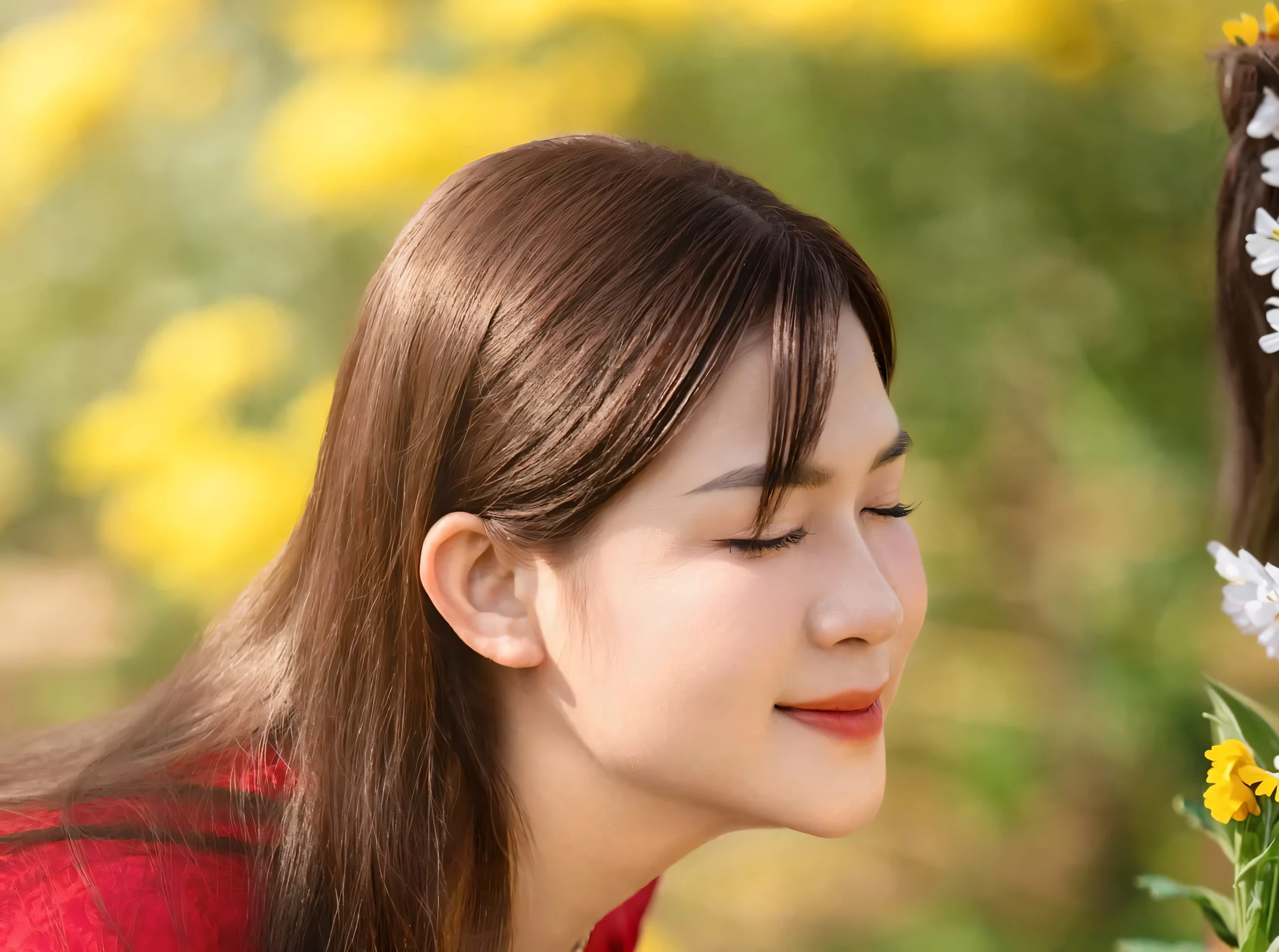 there is a woman that is looking at a bunch of flowers, girl in flowers, woman in flowers, girl in a flower field, girl sitting in a flower field, girl frontal in a flower field, woman standing in flower field, flowers on heir cheeks, girl standing in a flower field, portrait of girl in flower field, girl standing in flower field, with flowers