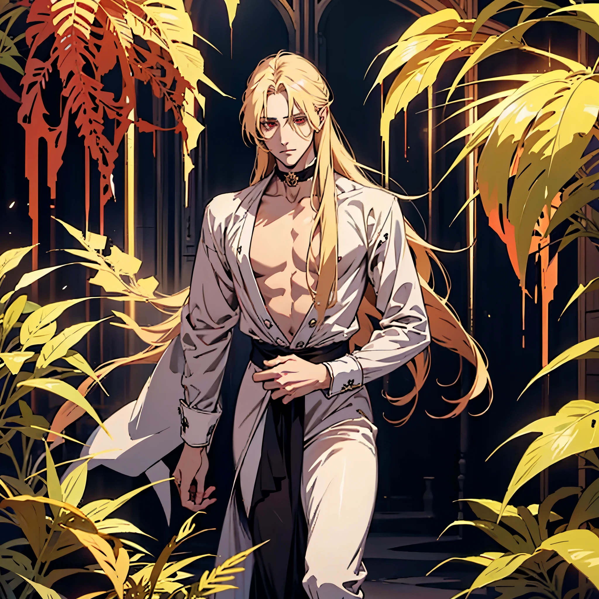 anime,  men ALONE, one man with long blonde hair, alucard, castelvania, beautiful androgynous prince, magical blond prince, delicate androgynous prince, handsome male vampire, detailed 30 year old male face, casimir art, anime handsome man, key anime art, vampire, male vampire, red eyes, sexy, attractive, full body, tongle, NO clothes, NO shirt, nudity, nude, naked, penis