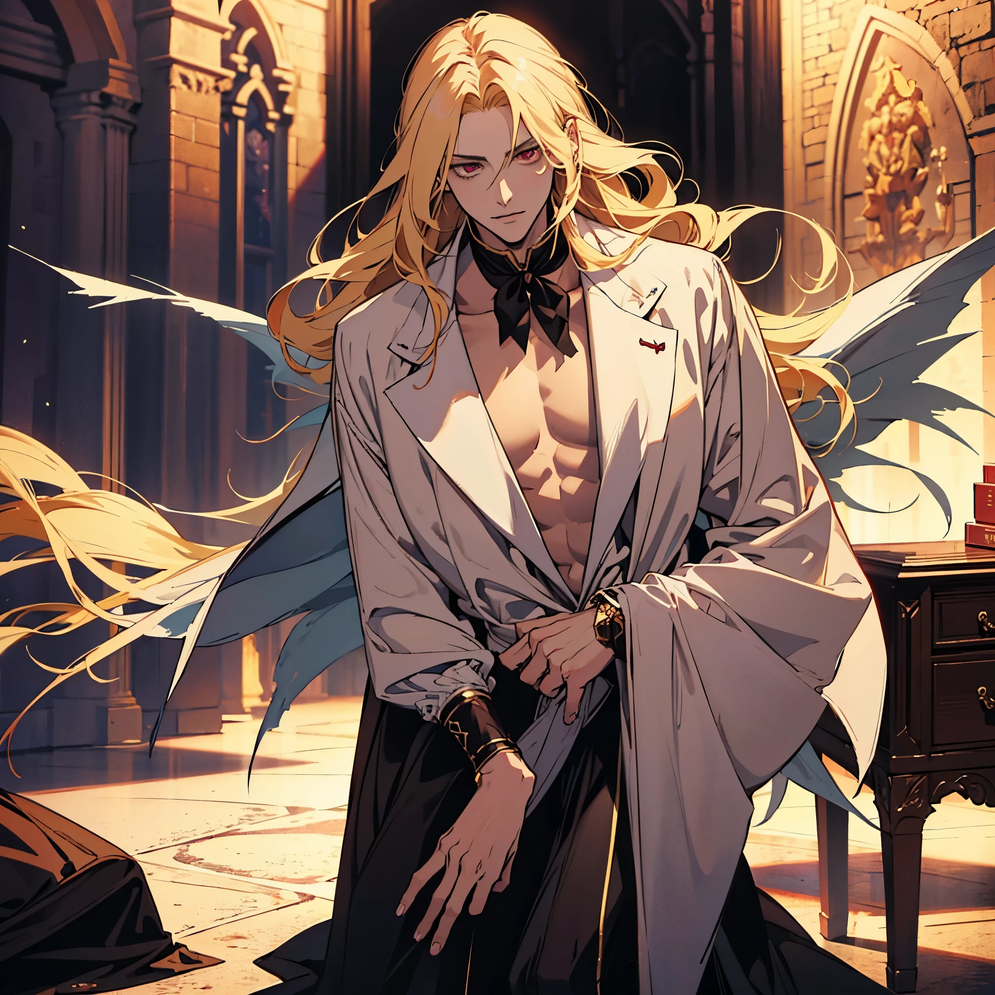 anime,  men ALONE, one man with long blonde hair, alucard, castelvania, beautiful androgynous prince, magical blond prince, delicate androgynous prince, handsome male vampire, detailed 30 year old male face, casimir art, anime handsome man, key anime art, vampire, male vampire, red eyes, sexy, attractive, full body, tongle, NO clothes, NO shirt, nudity, nude, naked, penis