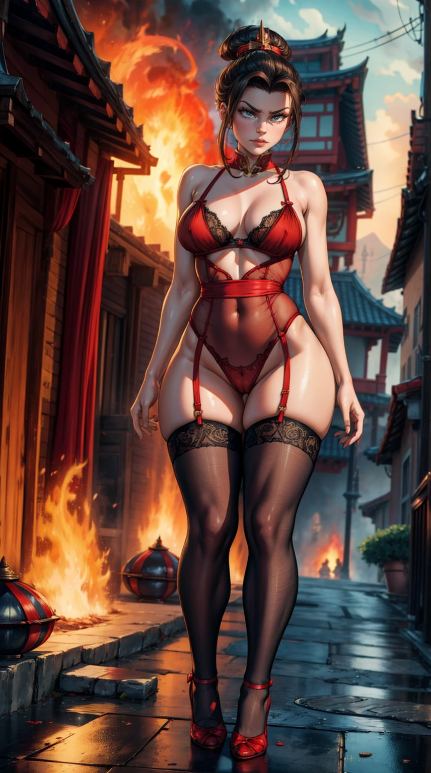 princess Azula, wearing transparent red lingerie, brown color eyes, red lipstick, angry face expression, silk stockings, lace stockings, see through lingerie, wide hips, naked body can be seen, standing on the street, house on fire, wild fire aura, lightning, (masterpiece), best quality, ultra-detailed, 1024k UHD wallpaper, ultra-high resolution, depth of field, HDR, Ray tracing, RTX, high saturation, high contrast, photon mapping, best texture quality, best compotitiontremely detailed CG 1024k wallpaper), Ultra HD, Perfect Face, Perfect Anatomy, Perfect hand, Perfect Finger, (Full body),