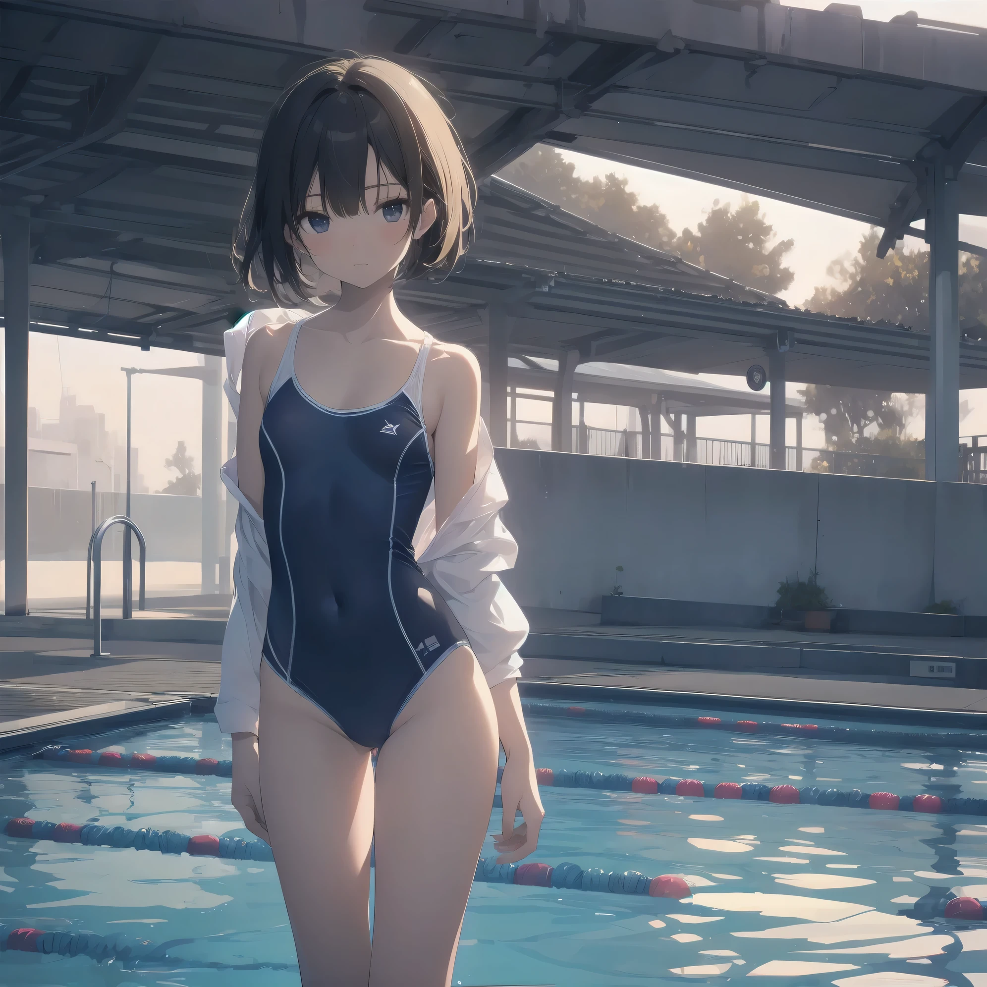 Super absurd quality by the god of art, super detailed, High resolution, anime moe art style, Best Anime 8K Kona-chan Wallpaper, pixiv contest winner, perfect anatomy, break,(Please draw a picture of a girl standing sleepily by the pool in a blue ワンピースwater着. )break,1 girl, (alone,little woman, baby face, :1.3),All limbs, full finger,, The charm of an immature body, Wet, (very_short hair), Wet hair, dripping, flat chest, Wet body, small ass, between legs, small black eyes, detailed and beautiful eyes, Well-proportioned iris and pupils, expressive eyes, sleepy eyes, High resolutionの詳細な髪, ワンピースwater着, スクールwater着, (detailed lighting), (detailed background), Pool ladder, Poolside, water, at the school pool. break,super dense skin, shiny skin, Best movie lighting by famous artists, 8k,cute illustration,photoshop_(Moderate),Absurd Hi-Res,Hmm,rough skin