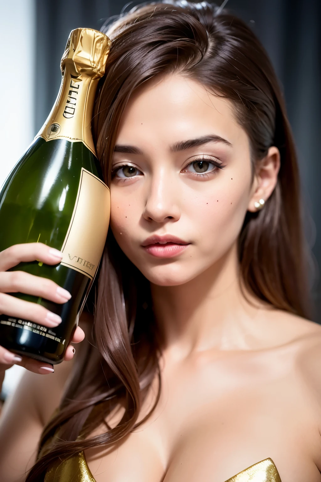 ((best quality)), ((masterpiece)), (detailed), perfect face with a bottle of champagne with a gold label on it, charcoal and champagne, majestic masterpiece, champagne, magnum opus, acclaimed masterpiece, by Carlo Martini, contest winning masterpiece, pur champagne damery, sparkling, award-winning masterpiece, breathtaking detail, 2017, 2 0 1 7, ultra realist, champagne commercial, 2 0 1 6, 2016
