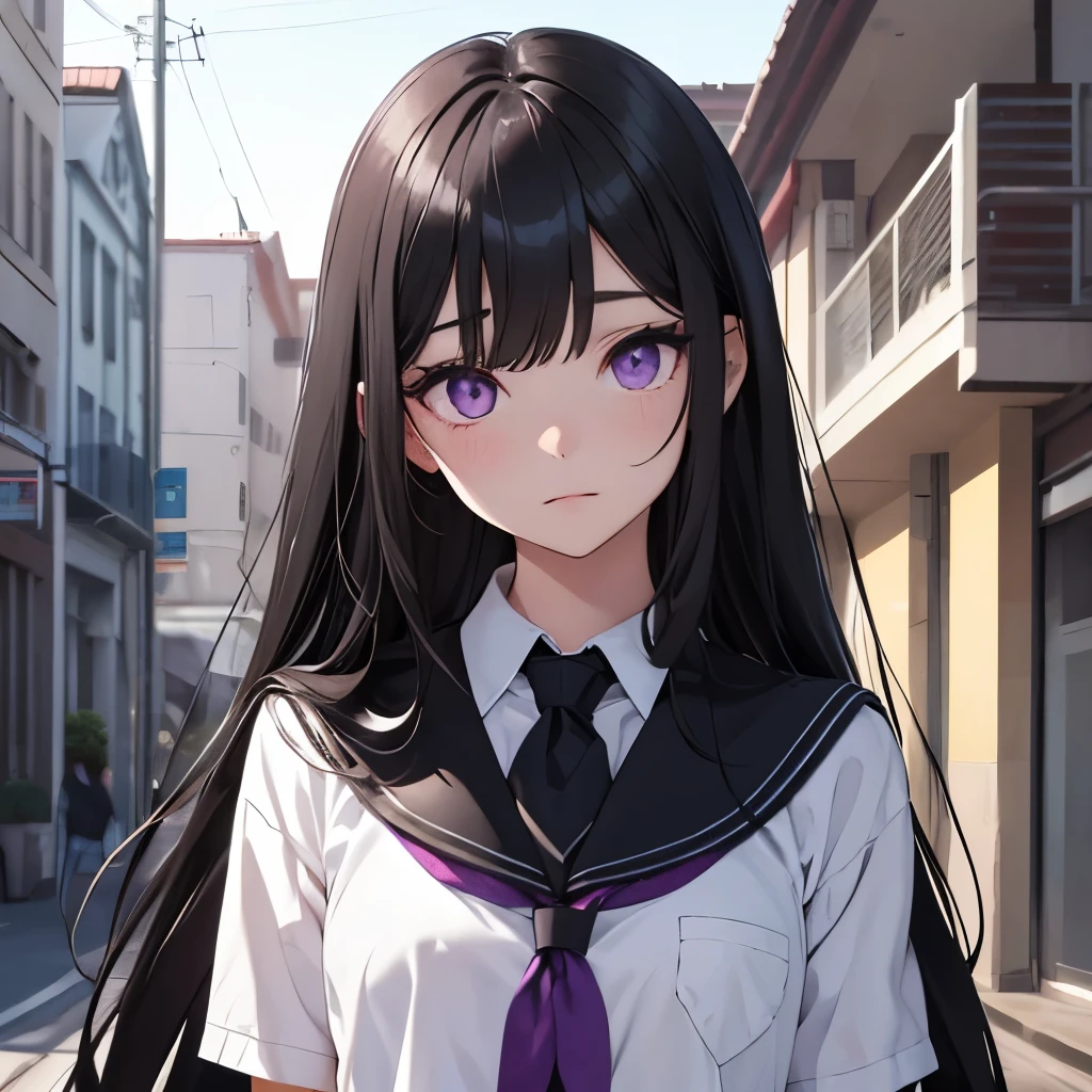 Girl, long black hair, violet eyes, innocent features, white skin, school uniform