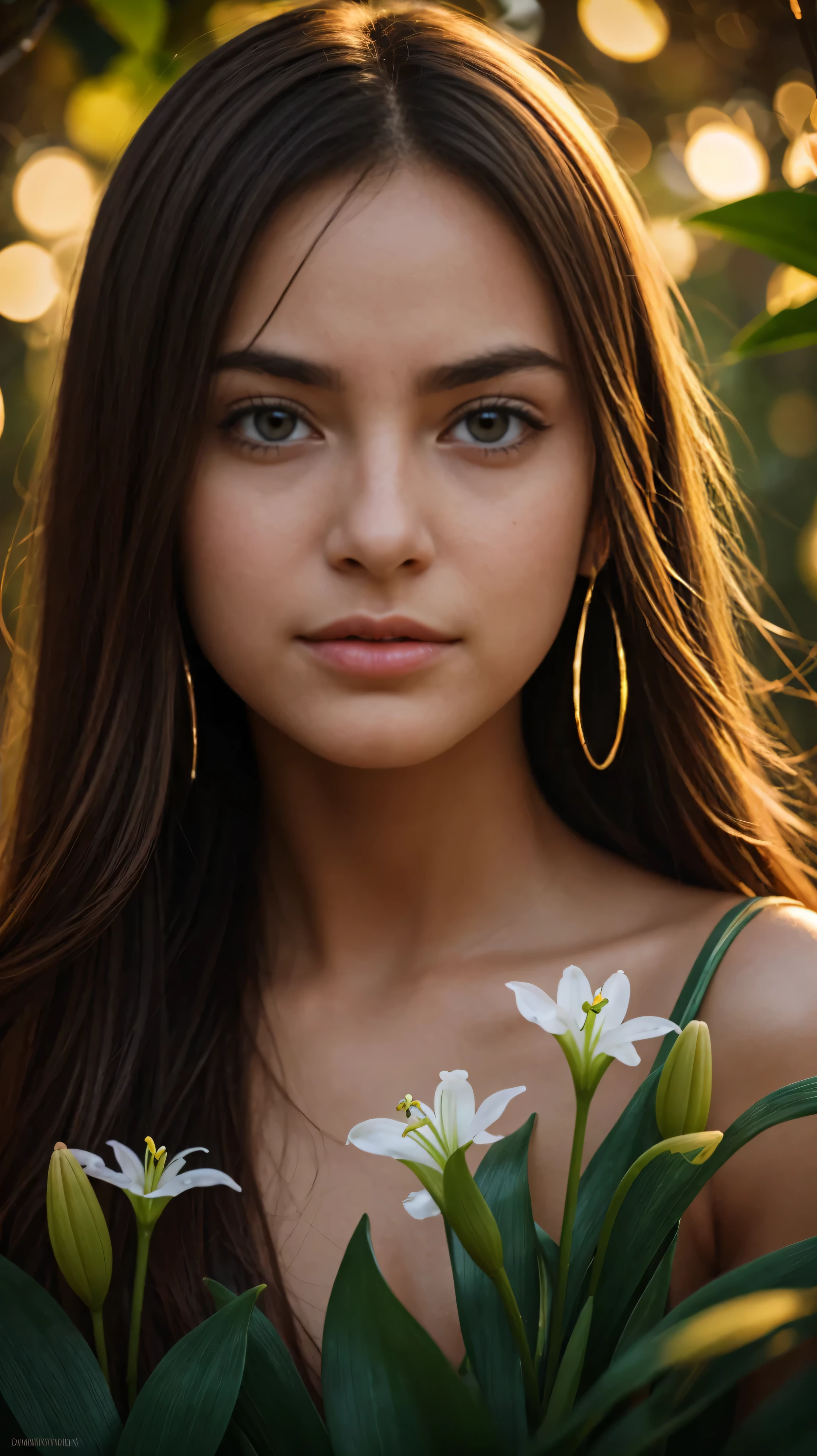 (photorealism:1.2), young latina woman whose face Is a merge of Aubrey plaza And Megan Fox And Mila Kunis And the average mexican woman face features, except her face has oval shape has small narrow forehead, low hairline, downturned eyes, straight eyebrows And straight wide nose, small mouth, of Curvy silhouette, brown skin, her hair Is dark chocolate in a low ponytail, wearing a white tshirt, tropical forest in the back ground.