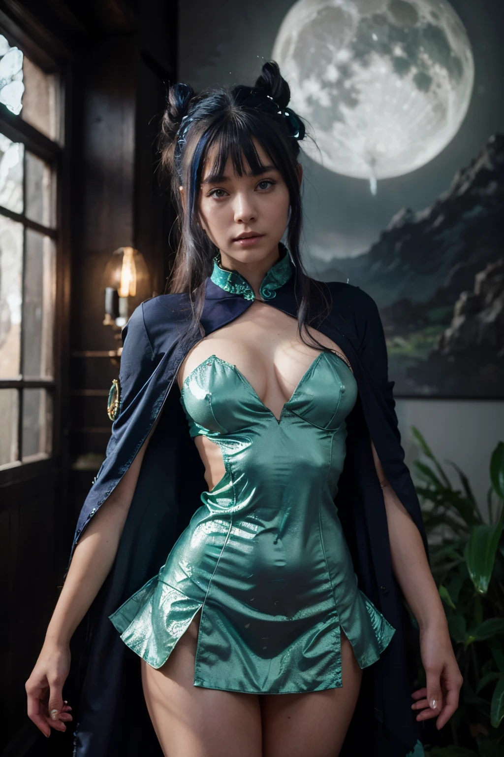 cute girl in Predator Art Cosplay, hyper-detailed, Unreal Engine 5 style, Ming Dynasty,An elusive fae with emerald eyes and gleaming lavender scales detailed with enchanting moon-shaped patterns in the scales,, blink-and-you'll-miss-it details, anime aesthetic, Bold and exaggerated sci-fi costume design, stylish costume design, mystical style crown, long cape, tiny short skirt, green eyes, blue hime hair, hair bun, depicting the creature's magical aura, cowboy shot