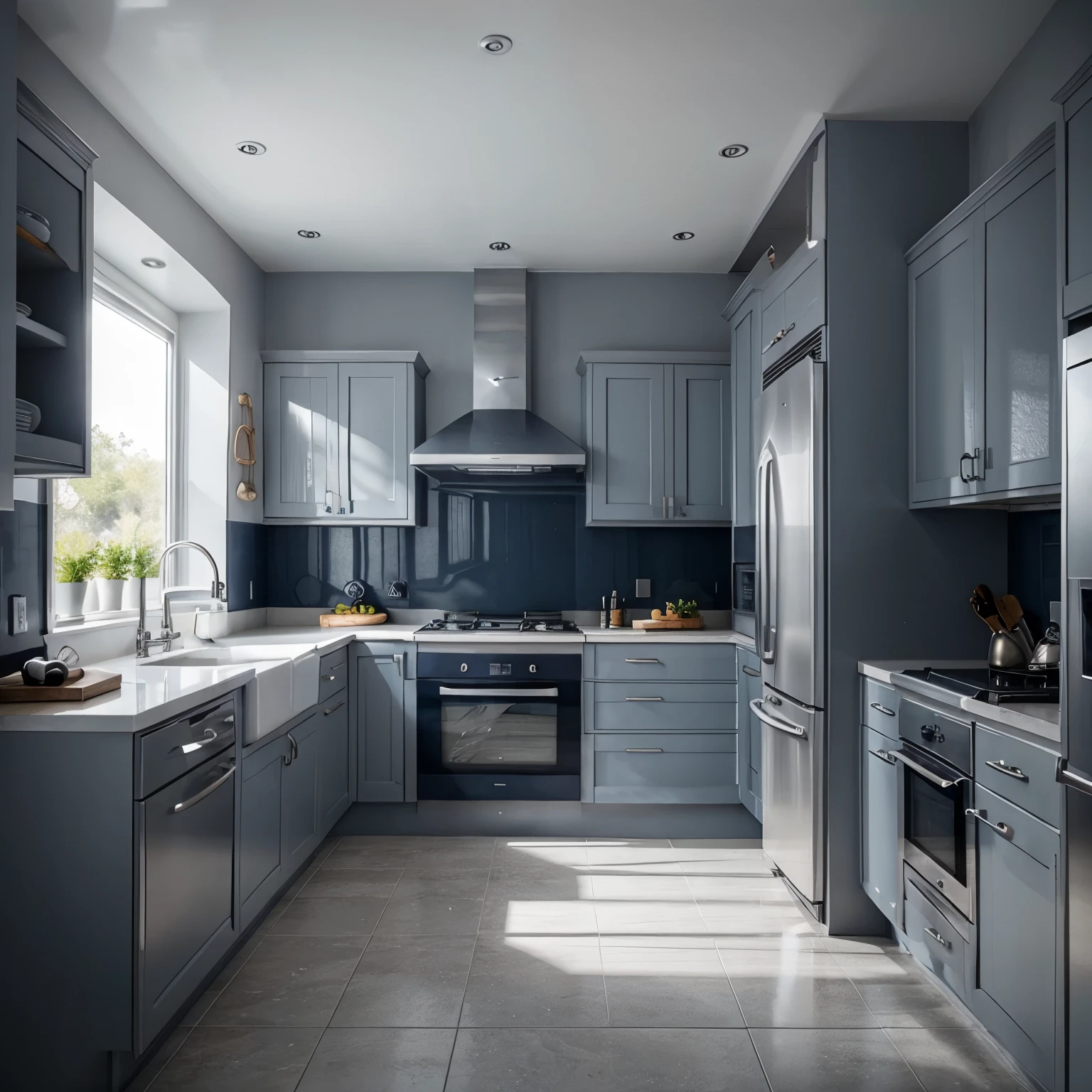 Grey kitchen with navy blue walls