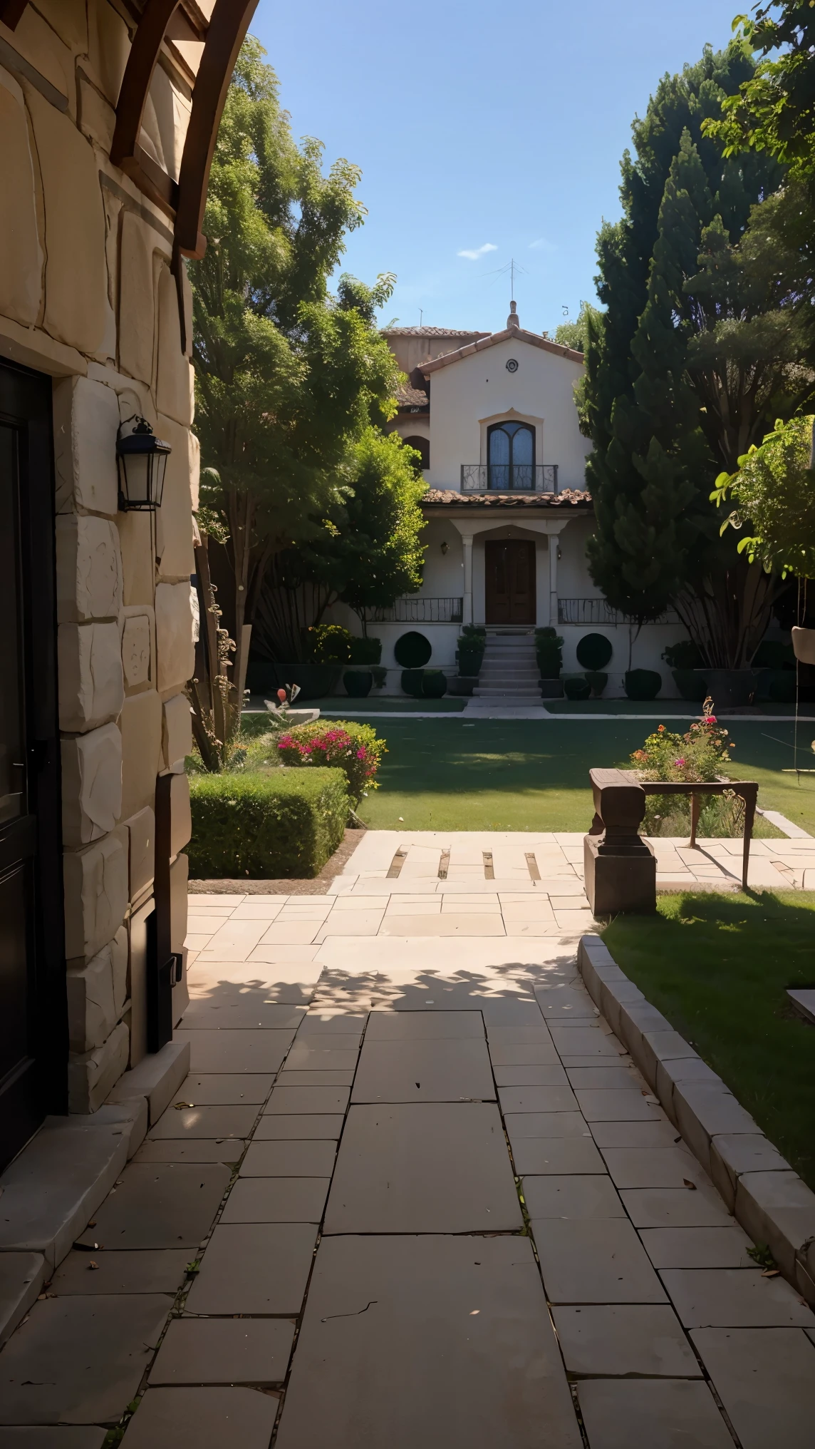 Una mansion grande , con rejillas en la entrada y un camino que lleva desde  la casa asta la salida , con un patio bastante amplio como un bosque y muros altos 