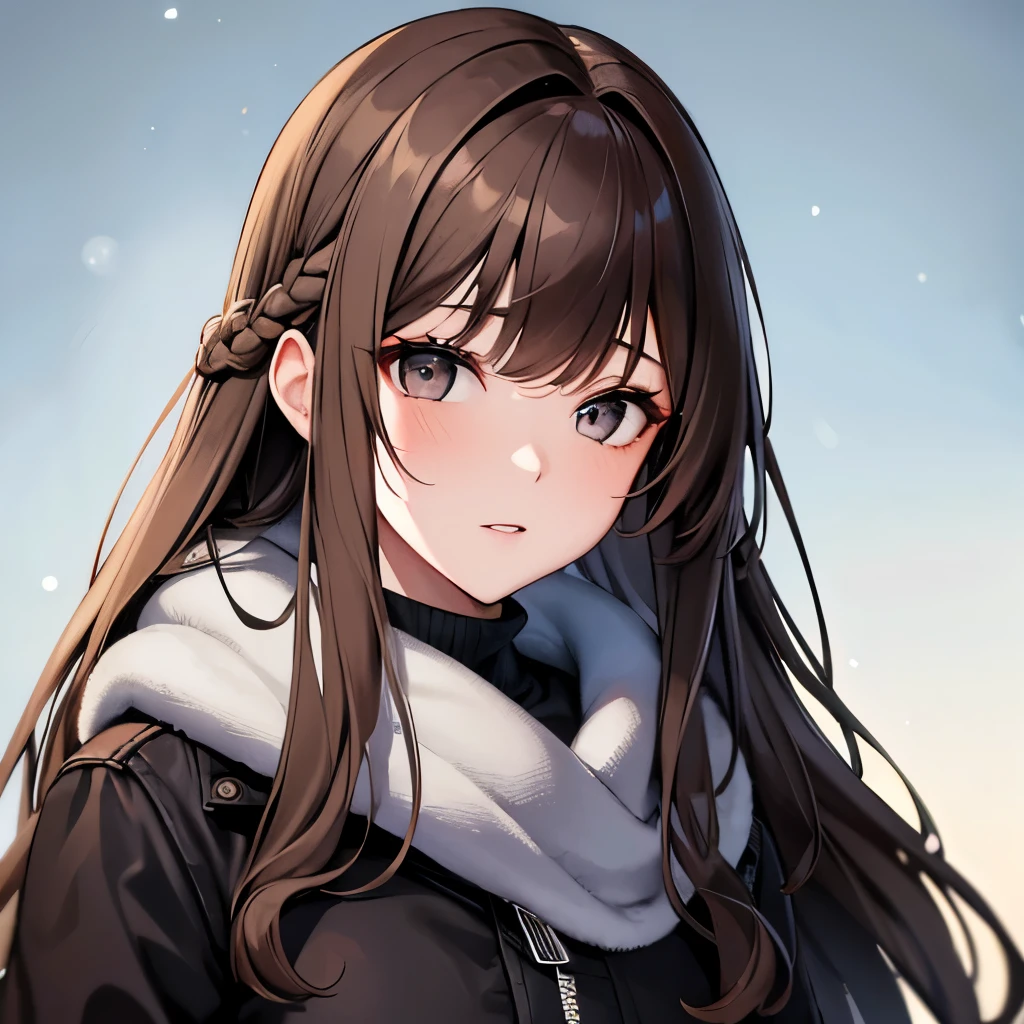 Girl, long brown hair, gray eyes, sharp features, white skin, wavy hairstyle, winter style