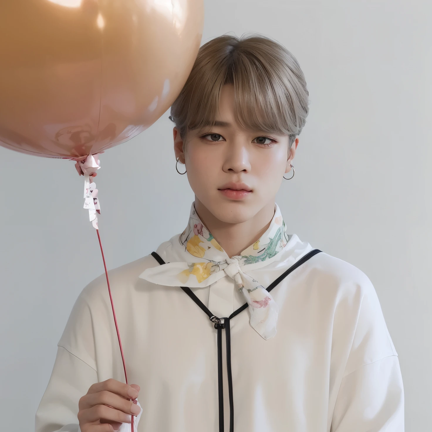 fleshy lips, pale skin, pele delicada, sardas, olhos redondinhos, cabelo grande e solto, balão rosa hello kitty, camisa branca da hello kitty, unhas grandes, alta qualidade, jimin from bts, jimin, park jimin, olhos claros, delicado, alta qualidade