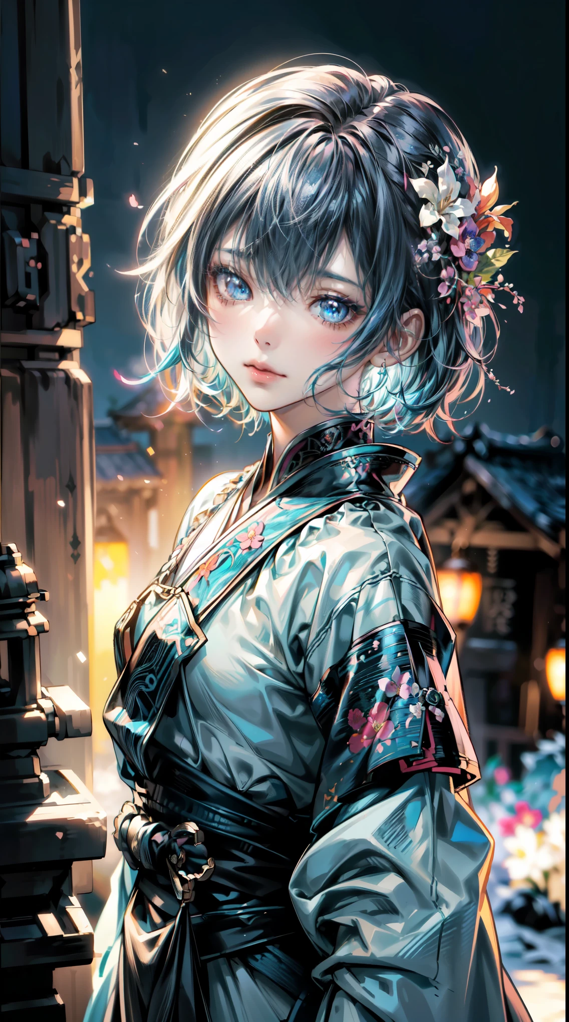 Cyberpunk worldview、[(白colorの背景:1.5)=5],1 half Russian and Japanese girl, whole body, (short blue hair) asymmetrical bangs, Extremely detailed face and beautiful sparkling blue eyes, perfect lips, （well-shaped chest）(Girl wearing Ainu costume:1.5）（color々な花が詰まった花束ブーケ💐を手に持つ、gift to me:2.0）dramatic, cinematic lighting, detailed expression, small details, fantasy art, figure, digital art, drawing, 