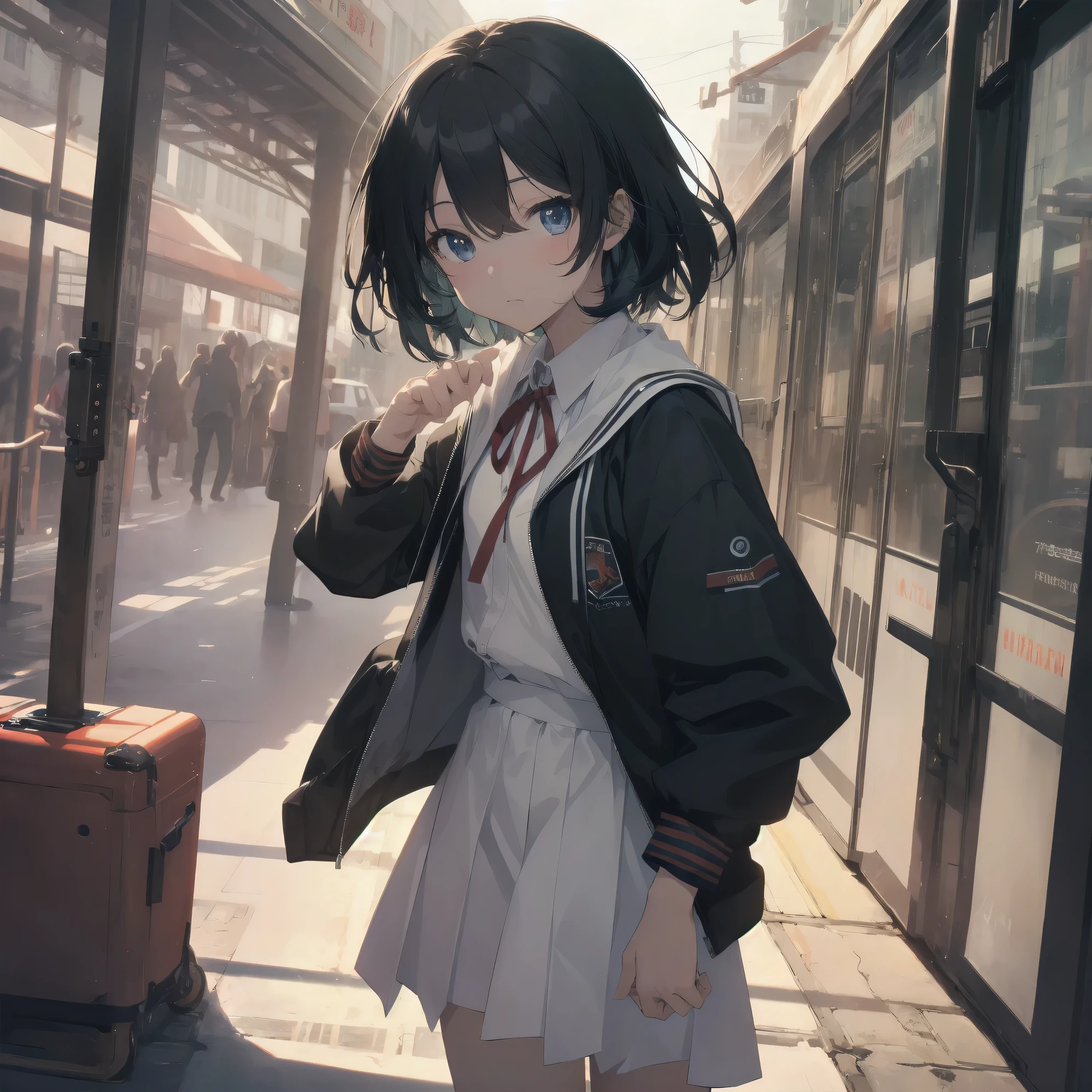 Super absurd quality by the god of art, super detailed, High resolution, anime moe art style, Best Anime 8K Kona-chan Wallpaper, pixiv contest winner, perfect anatomy, break,(眠そうにalone学校へ行く女の子を描いてください. )break,1 girl, (alone,little woman, baby face, 13 years old:1.3),All limbs, full finger,, The charm of an immature body, (very_short hair), shortcut, bangs, flat chest, Small Bodysuits, small ass, between legs, small black eyes, detailed and beautiful eyes, Well-proportioned iris and pupils, expressive eyes, sleepy eyes, High resolutionの詳細な髪, neck ribbon, skirt, collared shirt, pleated skirt, school uniform, school bag,(detailed lighting), (detailed background), On the way to school. break,super dense skin, Best movie lighting by famous artists, 8k,cute illustration,photoshop_(Moderate),Absurd Hi-Res,Hmm,rough skin