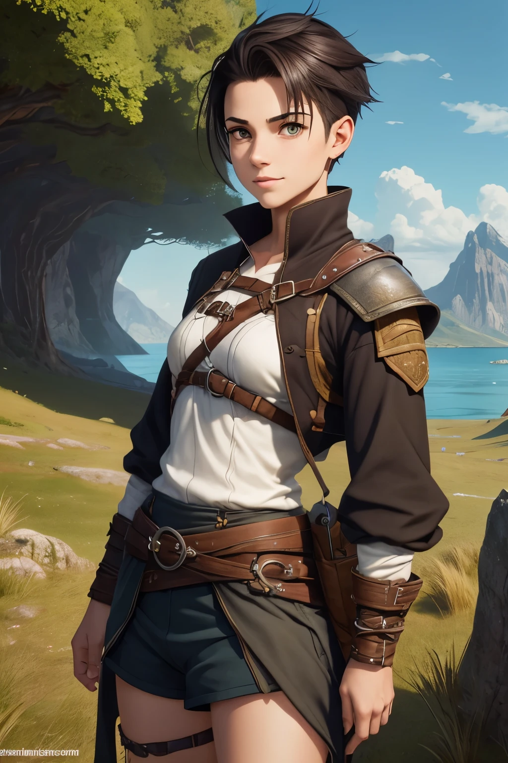 A happy young woman with an undercut in a fantasy setting. An adventurer and ranger. Very androgynous looking. In a good mood. Sympathic. Tomboyish. Androgynous. Slim body. Very . Very small breasts. Wide hips. Thick legs. Face: Extremly pale skin with liverspots and freckles. Soft narrow face with a round chin. Soft small jaw. Big forehead. Very thin barely visible eyebrows. Upturned big dark-brown eyes. Dark-brown eyecolour. Very long and wide nose. Big curved lips. Very short dark-brown hair. A boyish short haircut. Undercut. Sides shaved. A tight fantasy outfit of a lonley ranger and adventuerer. Background: Wide colourful plains. Green grass. A big lake. Shiny blue sky. Wonderful weather. Sense of wideness and freedom.