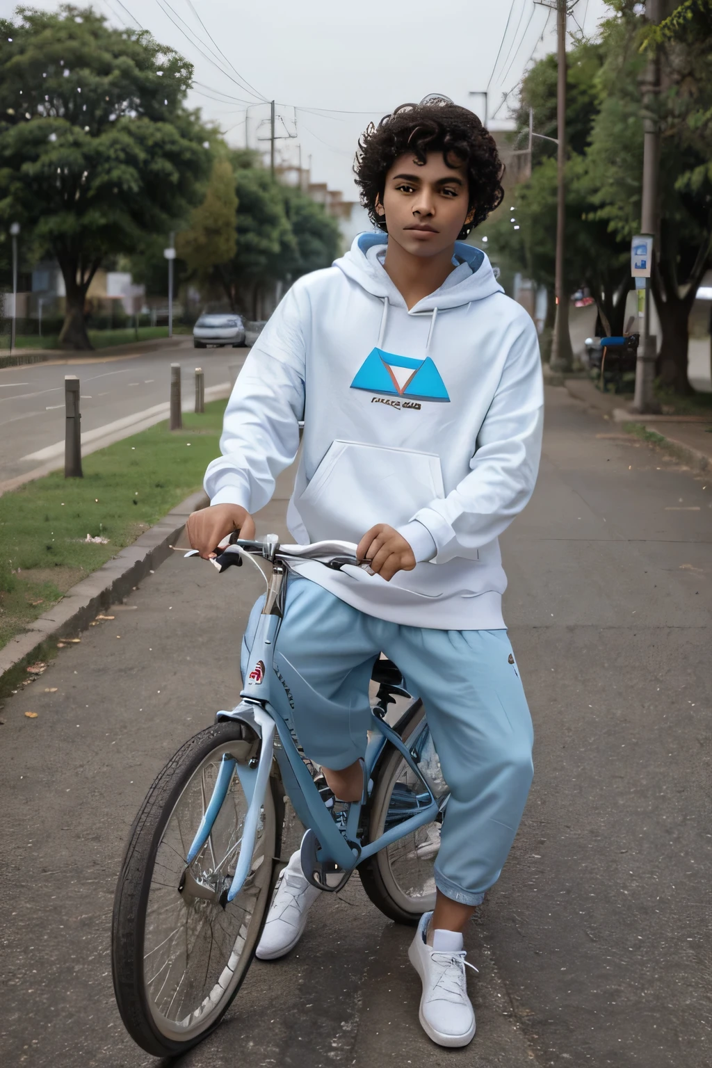 a 18 year old indian boy with curly hair, triangle face type, baby blue eye color, white skin color, wearing over size hoodie and bagy pant, wearing nice shoes riding a cycle,
