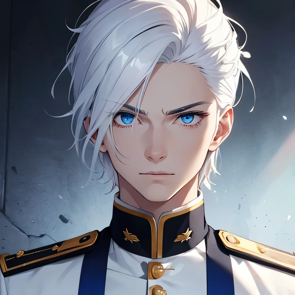 Boy, white hair, blue eyes, serious sharp features, white skin, uniform