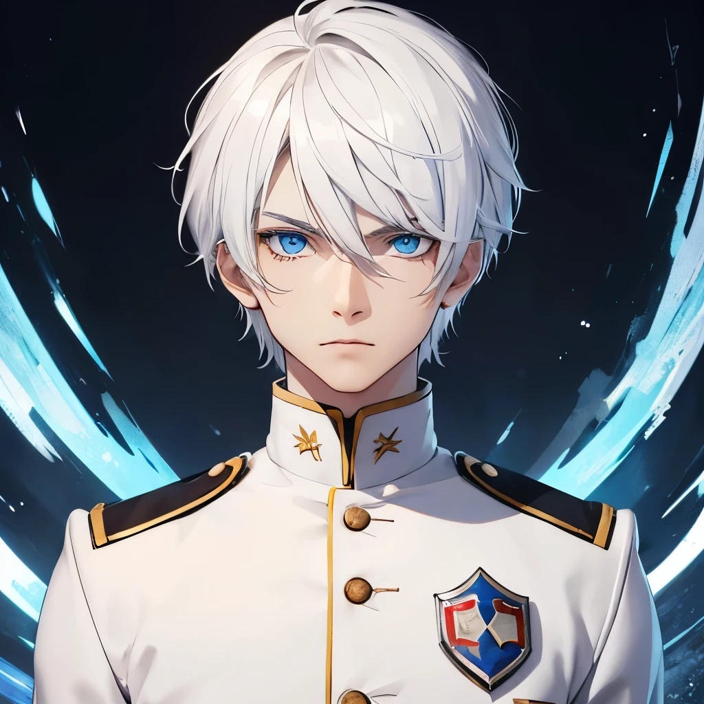 Boy, white hair, blue eyes, serious sharp features, white skin, uniform