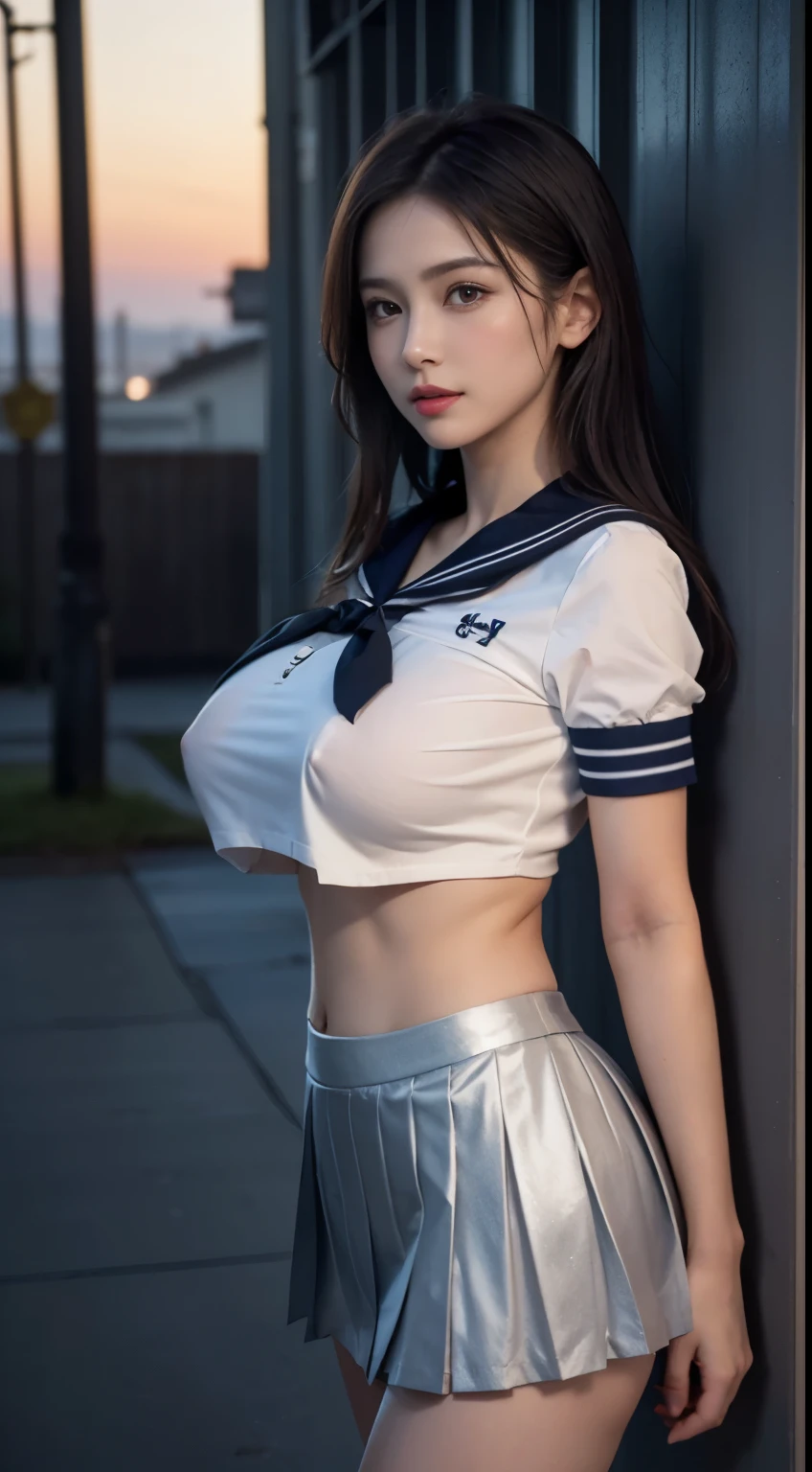 (highest quality:1.4), (hyper quality), (Super detailedな), 1 beautiful girl, So cute, wonderful face and eyes, (Short-sleeved sailor uniform made of white and thin fabric, Silver glitter pleated micro mini skirt:1.5), (Beautiful and incredibly big breasts:1.3), (slender body:1.1), (thin legs), (Very thin waist), belly button, realistic skin texture, bangs:1.3, bright and glossy lips, Beautiful goddess descends, beautiful background, golden ratio, conceptual art, Super detailed, Accurate, advanced details, outdoors, sexy art, surrounded by a beautiful sunset, bright light, Super delicate illustration details, 8K wallpaper that integrates high-definition CG, RAW photo, professional photos, cinematic lighting, written boundary depth, (No bra in uniform:1.2), (You can see the shape of the nipple protrusions through the uniform.:1.2), (The nipple protrusions push up the uniform), (Her big breasts make her uniform stretch out:1.2), cropped tops, (High heels on bare feet)