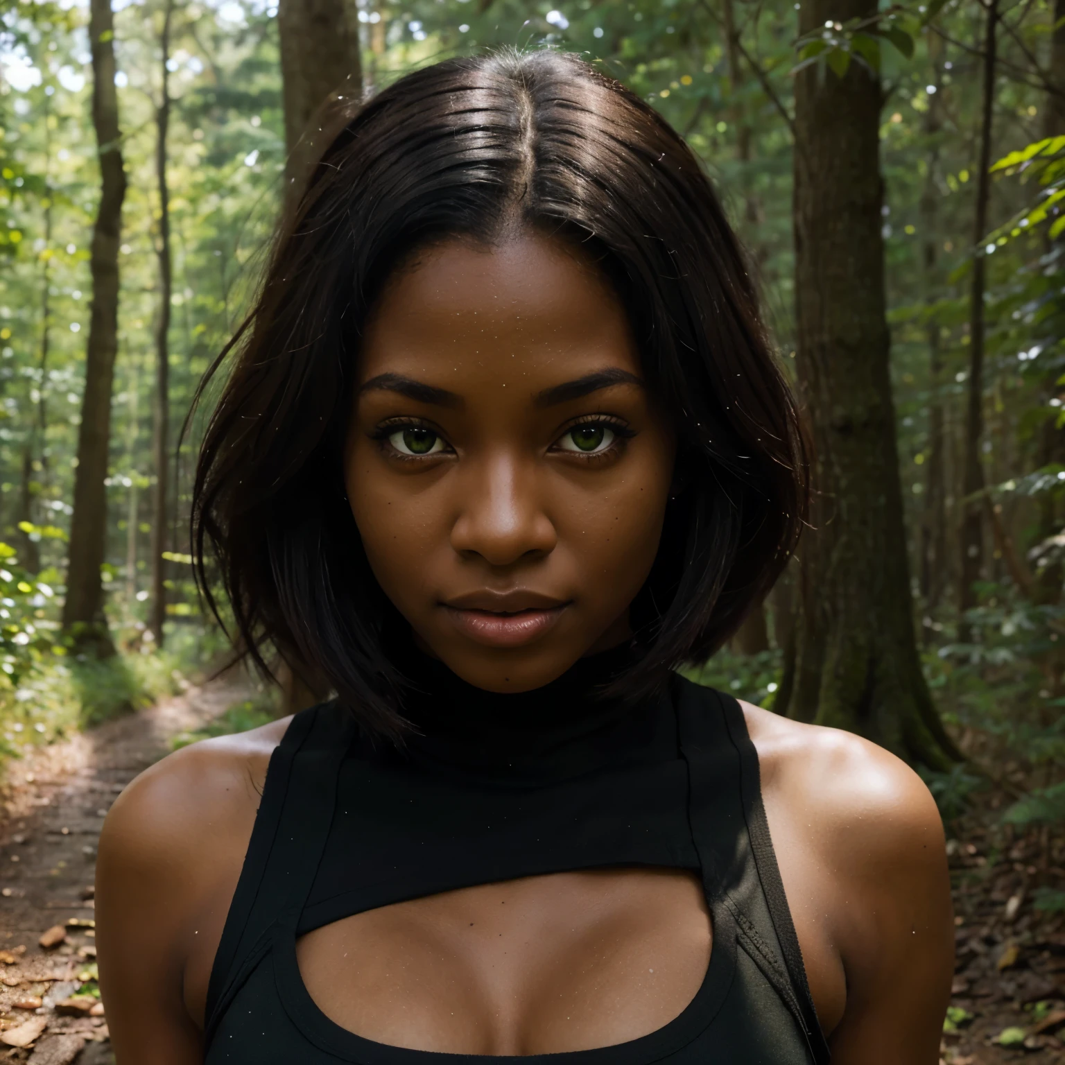 Realistic ebony girl with bright green eyes, big  in the woods 