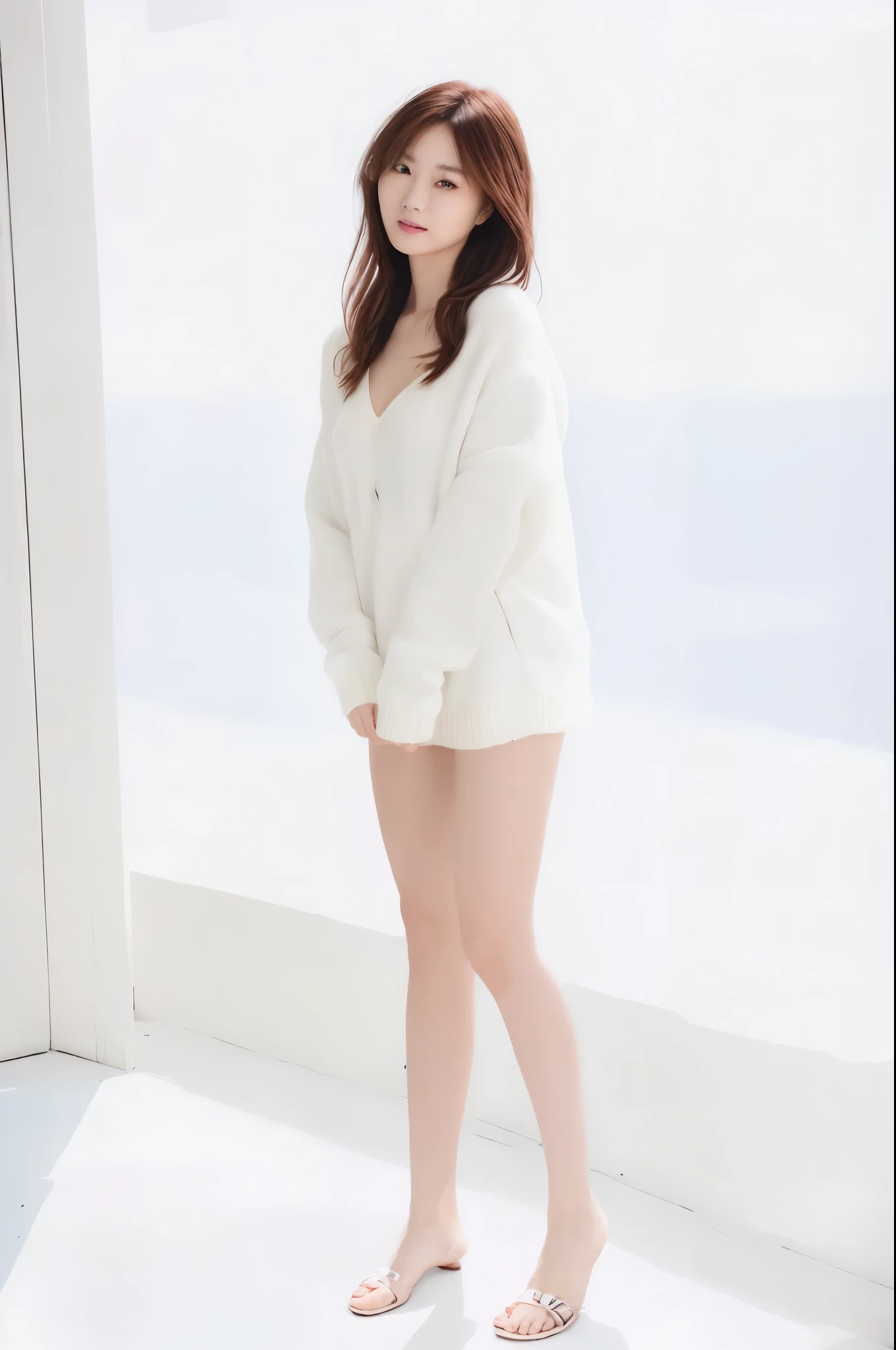 (16k, ultra high res, best quality, high quality, masterpiece:1.3), (a professional photo of girl), RAW photo, realistic illustration, (ultra detailed eyes and face), (ultra detailed beautiful skin), full body shot, elegant sleek smooth body, sultry body with sexy belly, perfect body, attractive body, photorealistic perfect body, facial features, super detail beautiful natural skin, natural makeup, narrow waist, slender, cleavage, she is very sexy, she is cute and beautiful, araffe asian woman in white summer sweater posing for a picture, in white summer sweater, (see-through sweater), cute actress, young pretty gravure idol, beautiful young woman,