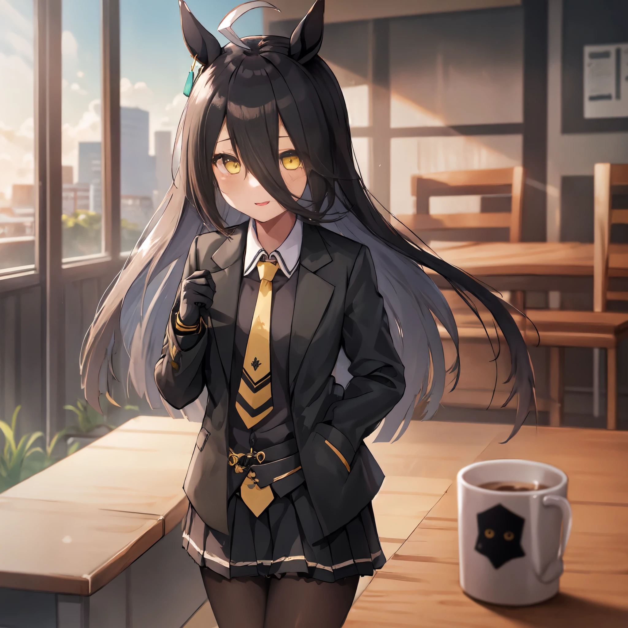 NSFW,((table top, highest quality)),(1 girl:1.5),manhattan cafe,manhattan cafe(racing wear),Uma Musume,horse ears,hair_between_eye,(alone:1.2),pantyhose,length_hair, black_hair, black Gloves,yellow_eye,Ahoge,tie,black_Jacket,skirt,black_footwear,I'm in heat,excited