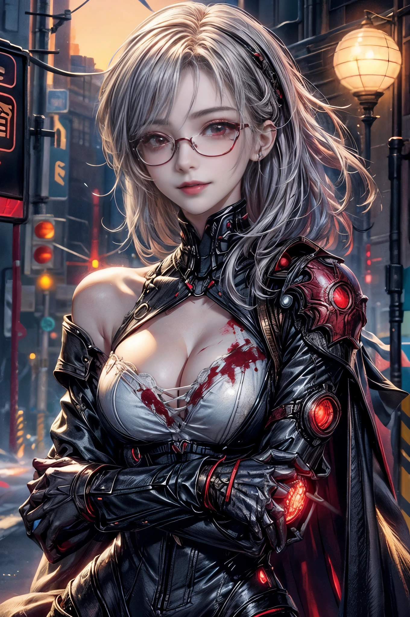 cinematic lighting、highest quality,cyberpunk world、1 female、(27 year old beautiful woman、Detailed beautiful facial features hair、shoulder length hair、red eyes、smile:1.4)BREAK（Glasses:1.5）,medium hair、（silver hair、shining hair:1.5）BREAK（pose of temptation、big breasts and cleavage:1.4）（Cool and stylish innerwear、white cyber coat:1.2）(scratch、Returned blood adheres to the face and chest:1.1)（Light of the sun、Center Street intersection with no one in the morning:1.5）