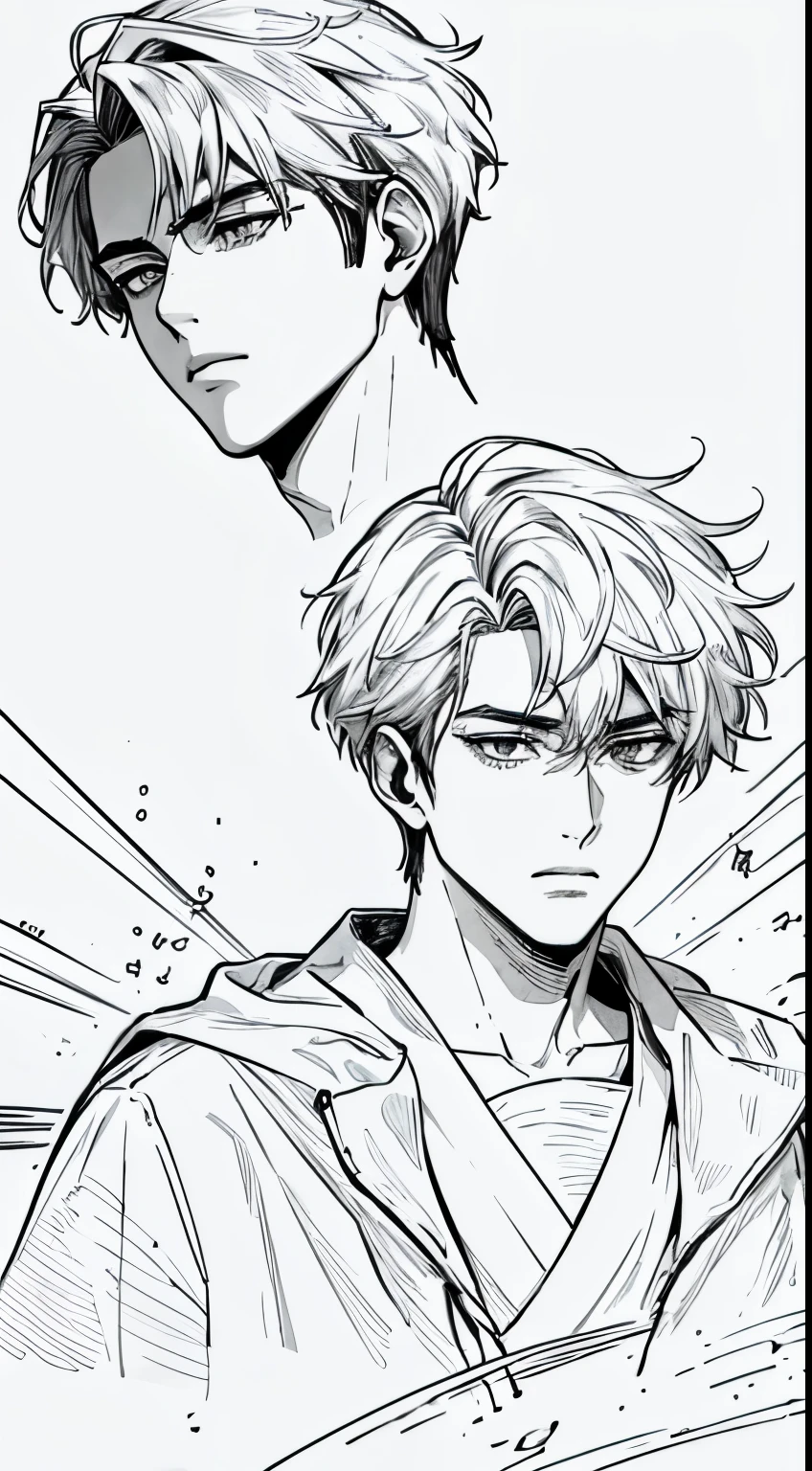 Un jeune homme aux cheveux longs, fond noir, triste, depressed, Pleurs, sans expression, coup de buste, rough lignes expressives, lignes expressives, lignes sombres, lignes denses, Travail de ligne forte, masterpiece, best quality, mangas en noir et blanc, super bien, extremely delicate and beautiful, Le style artistique de Kazuki Yone