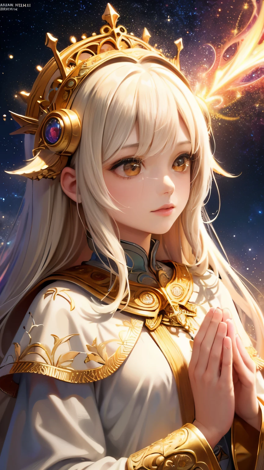 (masterpiece, highest quality, highest quality, official art, beautiful and aesthetic:1.2), (1 girl), very detailed, (fractal art:1.3), colorful, most detailed, perfect face, Upper body, HDR, (pray:1.3), (Golden lines in a white cloak:1.2), Milky Way, (Streaks of Light), impressive visuals, (dynamic streak, path of light:1.2), Bright colors,