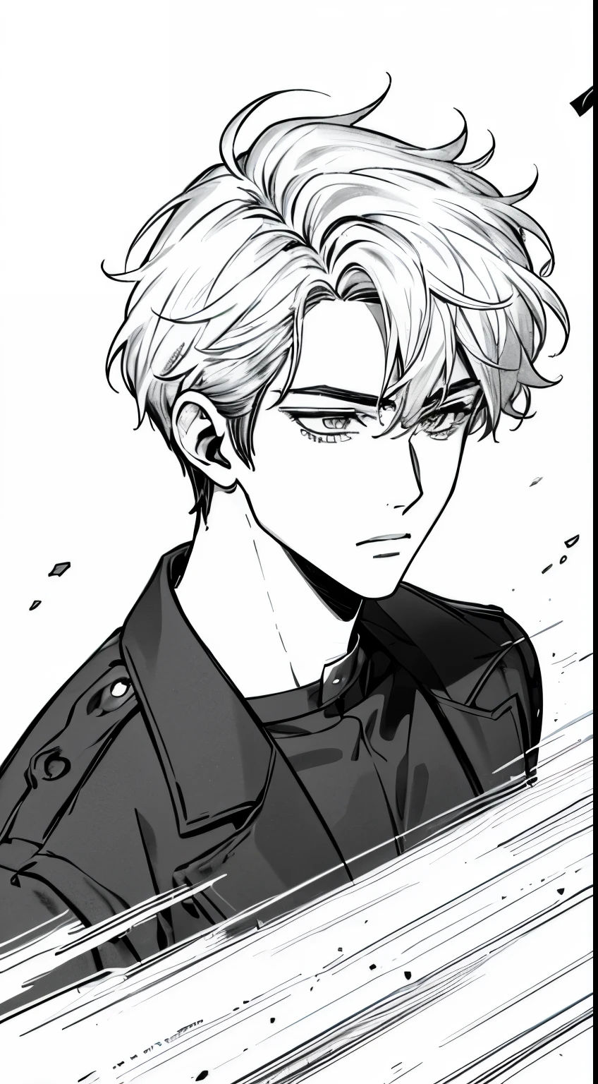 Un jeune homme aux cheveux longs, fond noir, triste, depressed, Pleurs, sans expression, coup de buste, rough lignes expressives, lignes expressives, lignes sombres, lignes denses, Travail de ligne forte, masterpiece, best quality, mangas en noir et blanc, super bien, extremely delicate and beautiful, Le style artistique de Kazuki Yone
