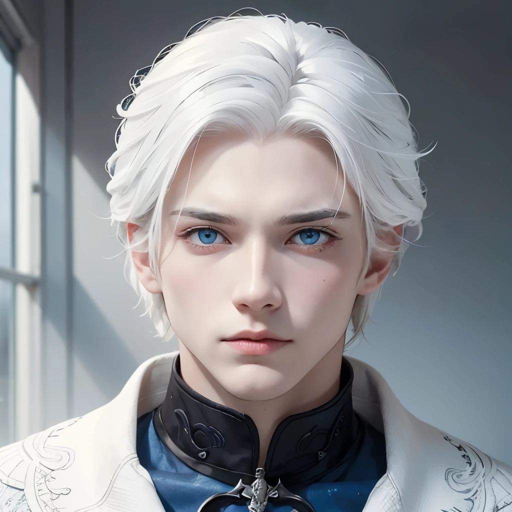 Boy, white hair, blue eyes, sharp, serious features, white skin.