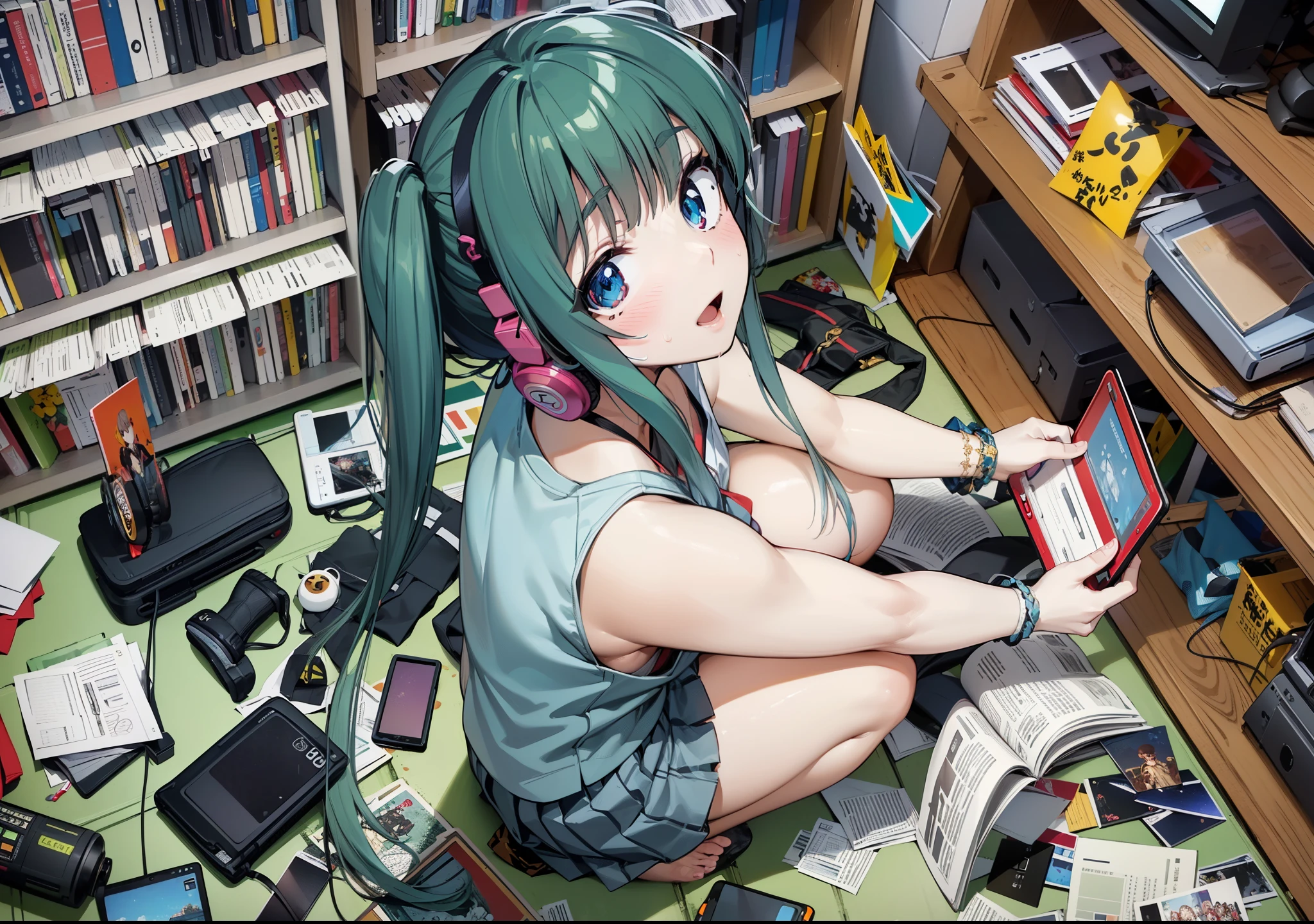 ((masterpiece, high quality, max detailed, 4k)), (1girl with headphone), (japanese school uniform, without socks), (shoeless), vivid color Lingerie, (eyes detailed), ((oiled body)) , (big breasts), red blush、Kamimei、Staring at this、Light sweat、Cute anime illustration, perfect body, (bokeh effect in background), ((playing video game)), (full body)