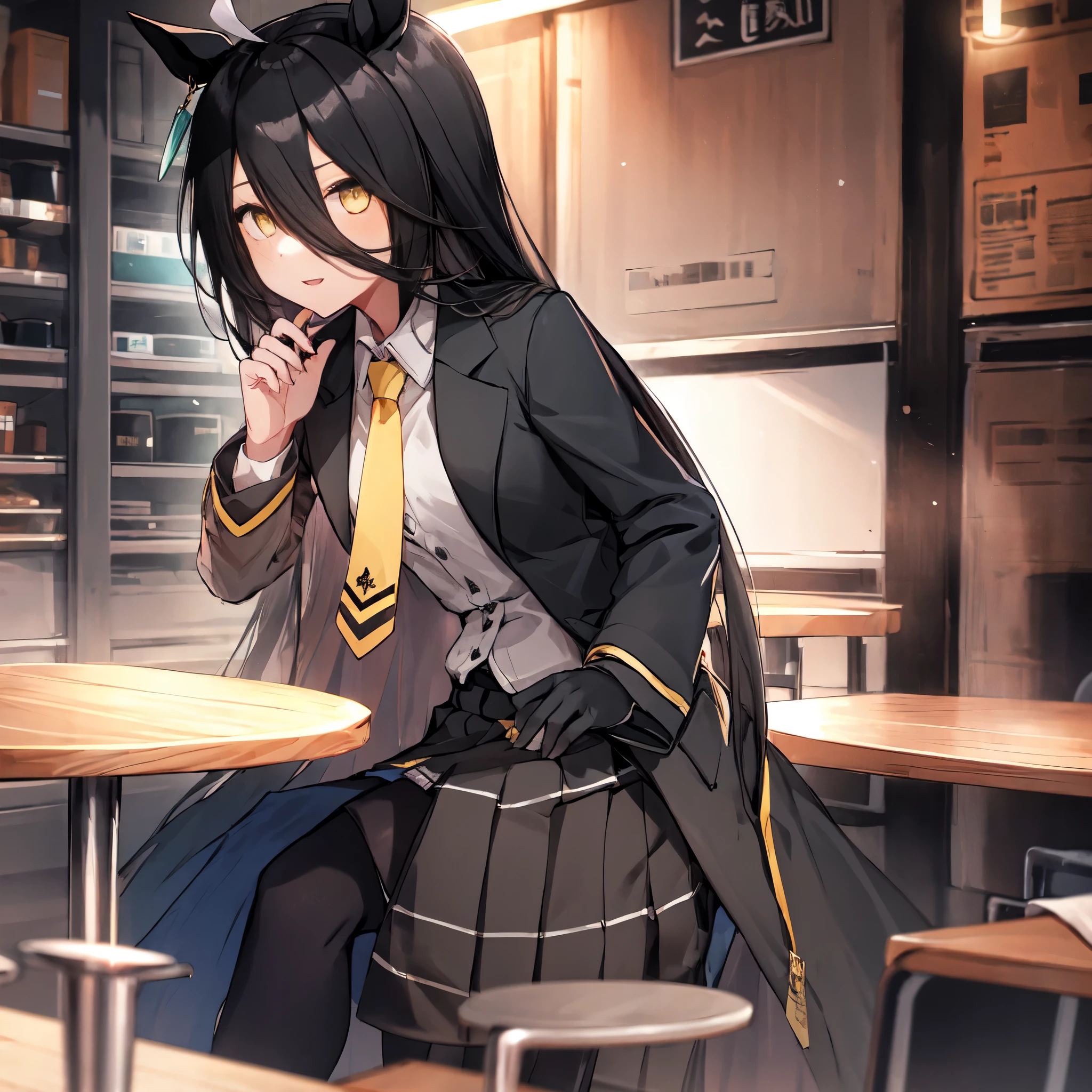 NSFW,((table top, highest quality)),(1 girl:1.5),manhattan cafe,manhattan cafe(racing wear),Uma Musume,horse ears,hair_between_eye,(alone:1.2),pantyhose,length_hair, black_hair, black Gloves,yellow_eye,Ahoge,tie,black_Jacket,skirt,black_footwear,I&#39;m in heat,excited,pants are visible