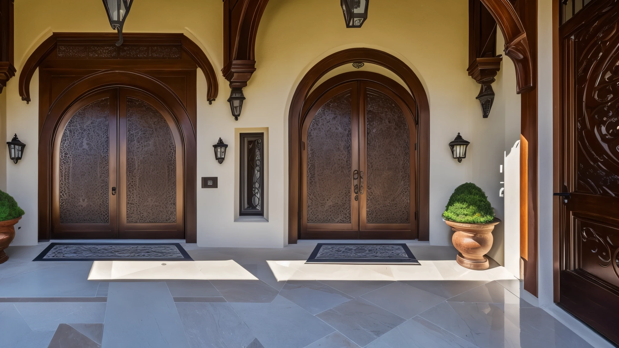 Ultra large mansion with iron grilles at the entrance, a spacious patio bathed in soft light (luz tenue) where rays of sun gently cascade from the sky, a brown girl with a radiant face poses gracefully for an inspiring photograph. (Photorealistic, High resolution, 8K)
Detailed depiction:
In the heart of a serene and lush neighborhood, an extraordinary mansion stands tall and proud, its grandeur accentuated by the intricately designed iron grilles that adorn the entrance. The dwelling's immense doors open to reveal a large patio, which boasts a charming, winding path that leads to