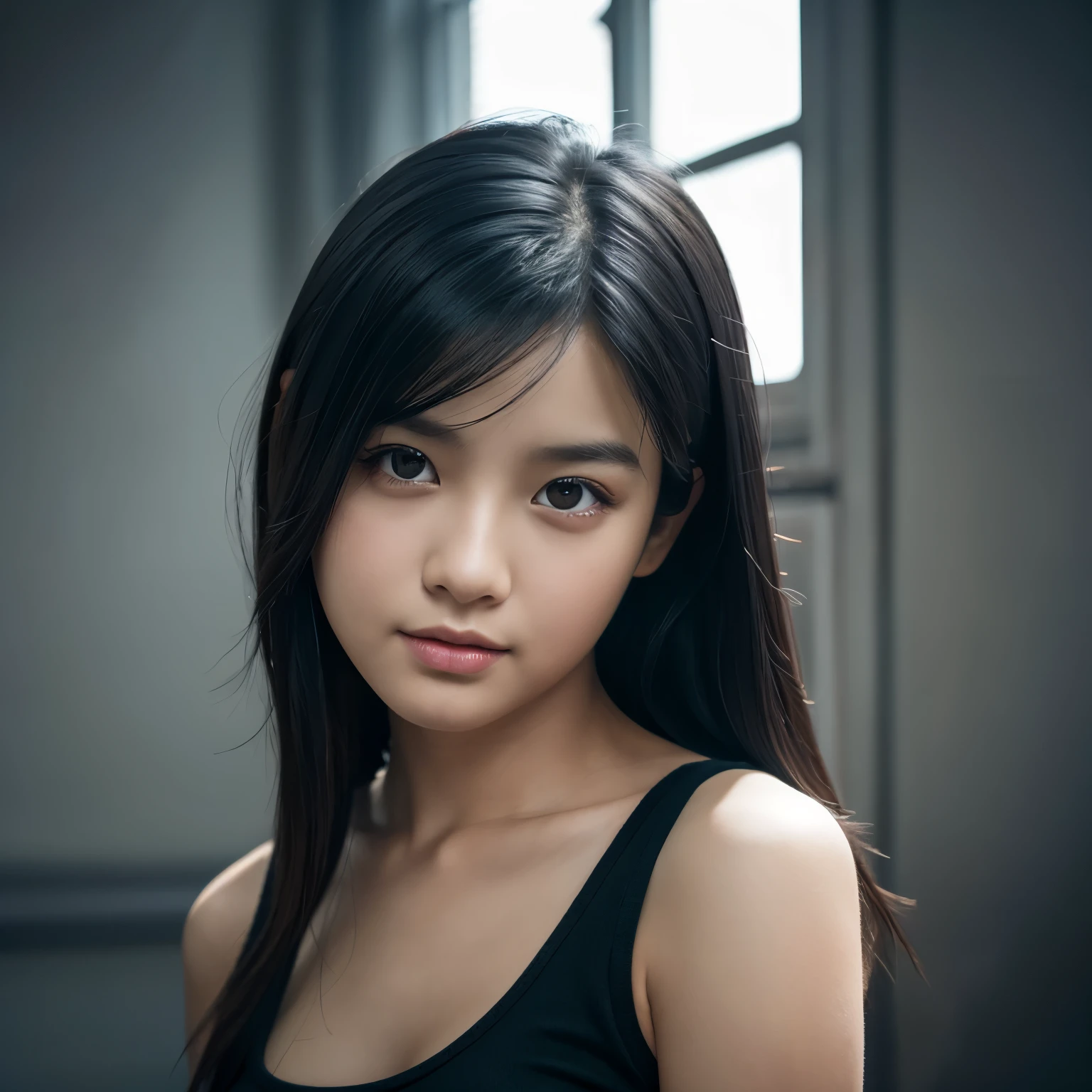 a beautiful indonesian girl with dark hair white skin wearing black tanktop, sweet eyes angle, ultra HD 8k, hyper realistic, photography, cinematic, photographic, wide angle, detailed visuals, 3D renders, soft textures, photorealistic, closeup zoom-in