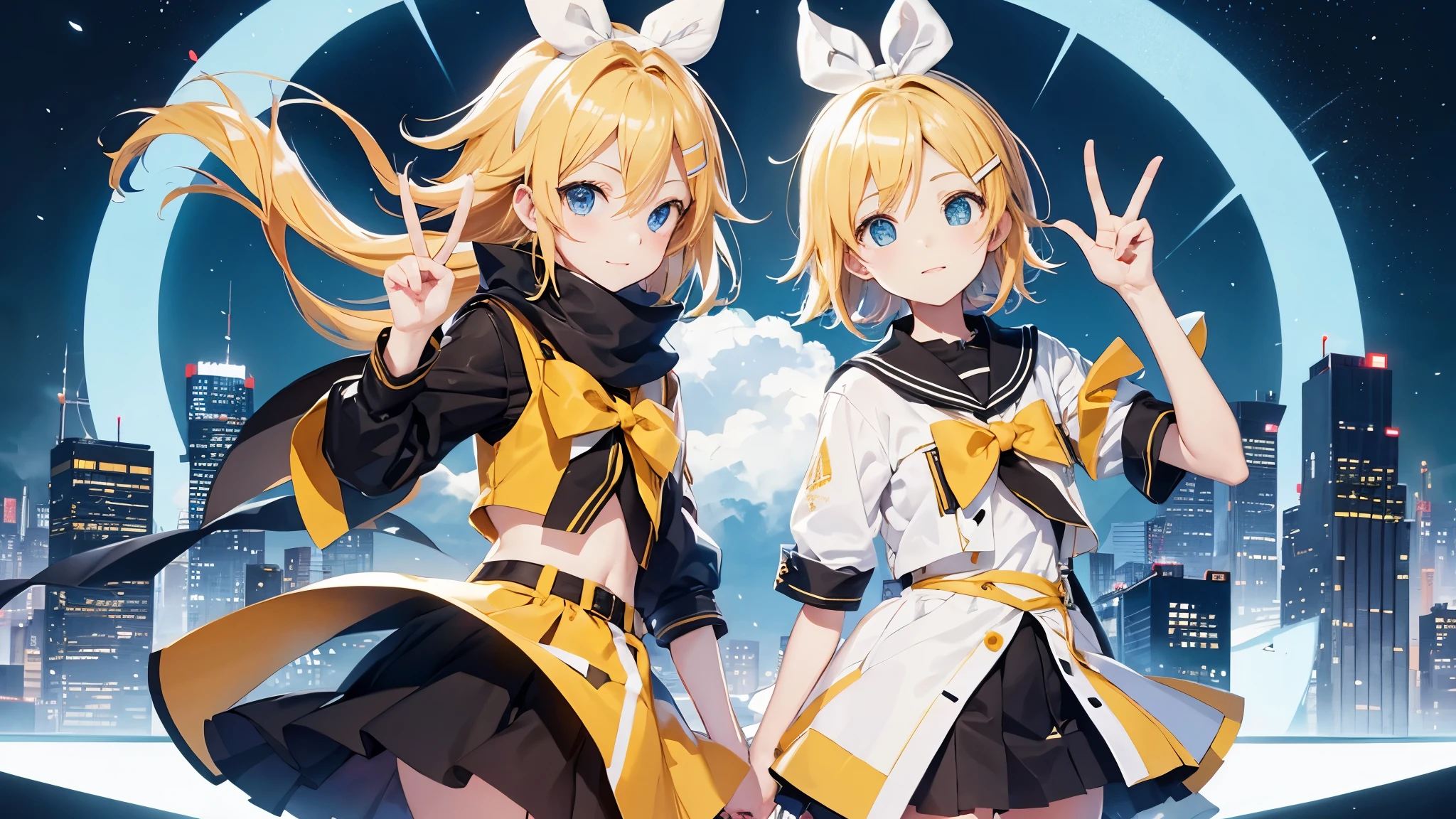 best quality, ultra precision, only two person, one boy and one girl, (a boy is Kagamine_Len), (a girl is Kagamine_Rin), blue eyes, cute, short hair, head phone, blond hair, sailor uniform, black short pants, belt, yellow necktie, white shirt, smile, , twins, love each other, siblings, children, (boy is as tall as girl), kids, characters focus, couple, love each other, white background, look at each other, platonic love, cool boy, cute girl, hold hands, cowboy shot