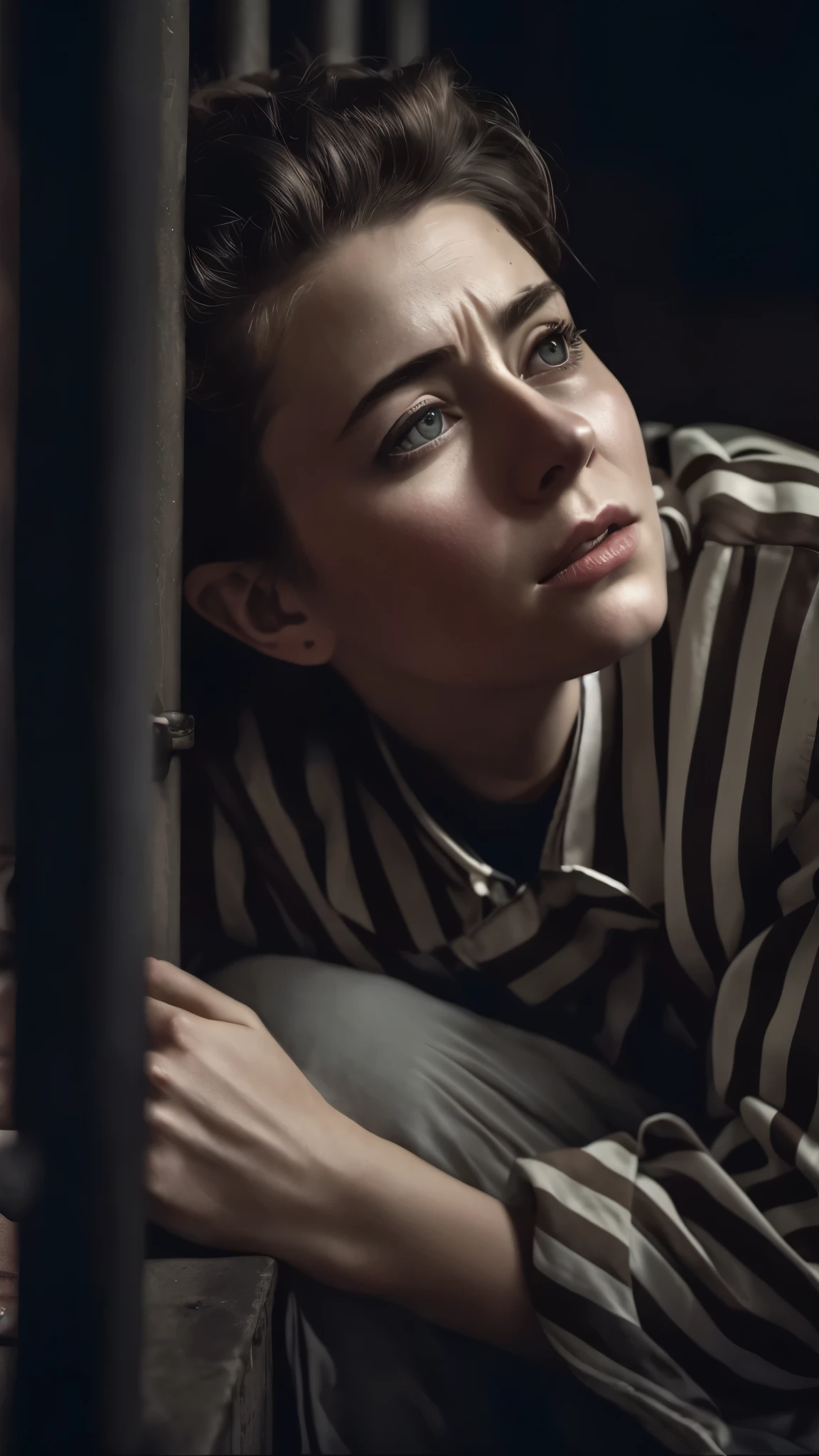 arafed woman in striped shirt sitting on the ground in a jail cell, high quality portrait, portrait of arya stark, cinematic realistic portrait, color portrait, soft portrait shot 8 k, ultra realistic digital painting, edited, the woman is behind bars, fan art, colorized, realistic digital painting, hyper realistic digital painting, color photograph portrait 4k, award winning colorized photo