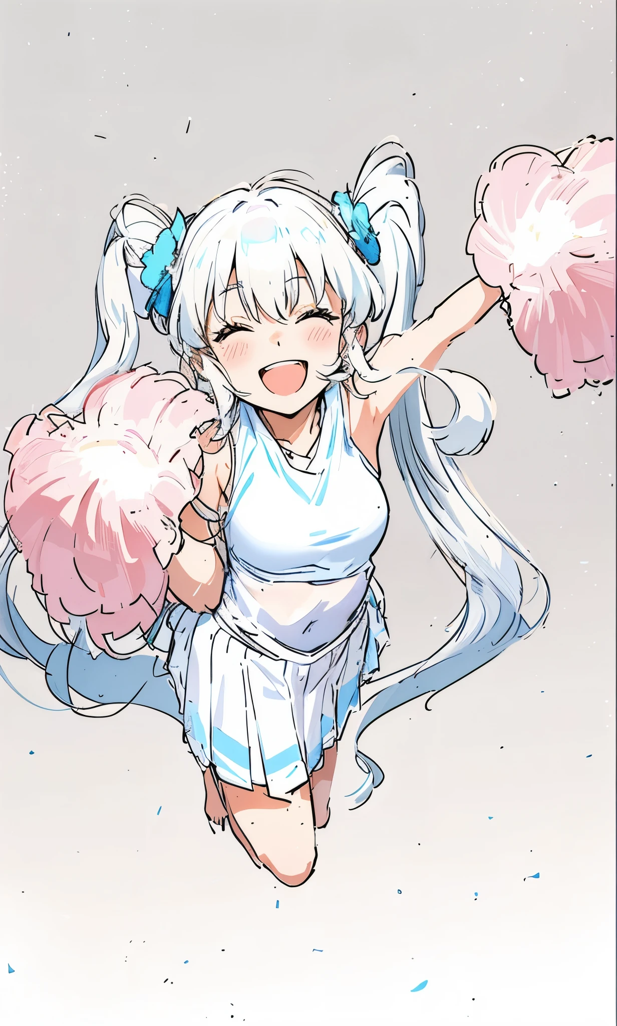 A cute girl with white twin tails，Cheerleading，blue vest，White and blue striped pleated skirt，Hand-cranked cheering flower,Jump in mid-air，（Happy，Close eyes，happy smile，blush）, （anime wallpaper，best art,illustration,IB,three point perspective，ultra high resolution, masterpiece, best quality，Extremely detailed，detailed), （（White monochrome background plate）），（（Highly saturated colorful characters）），from above