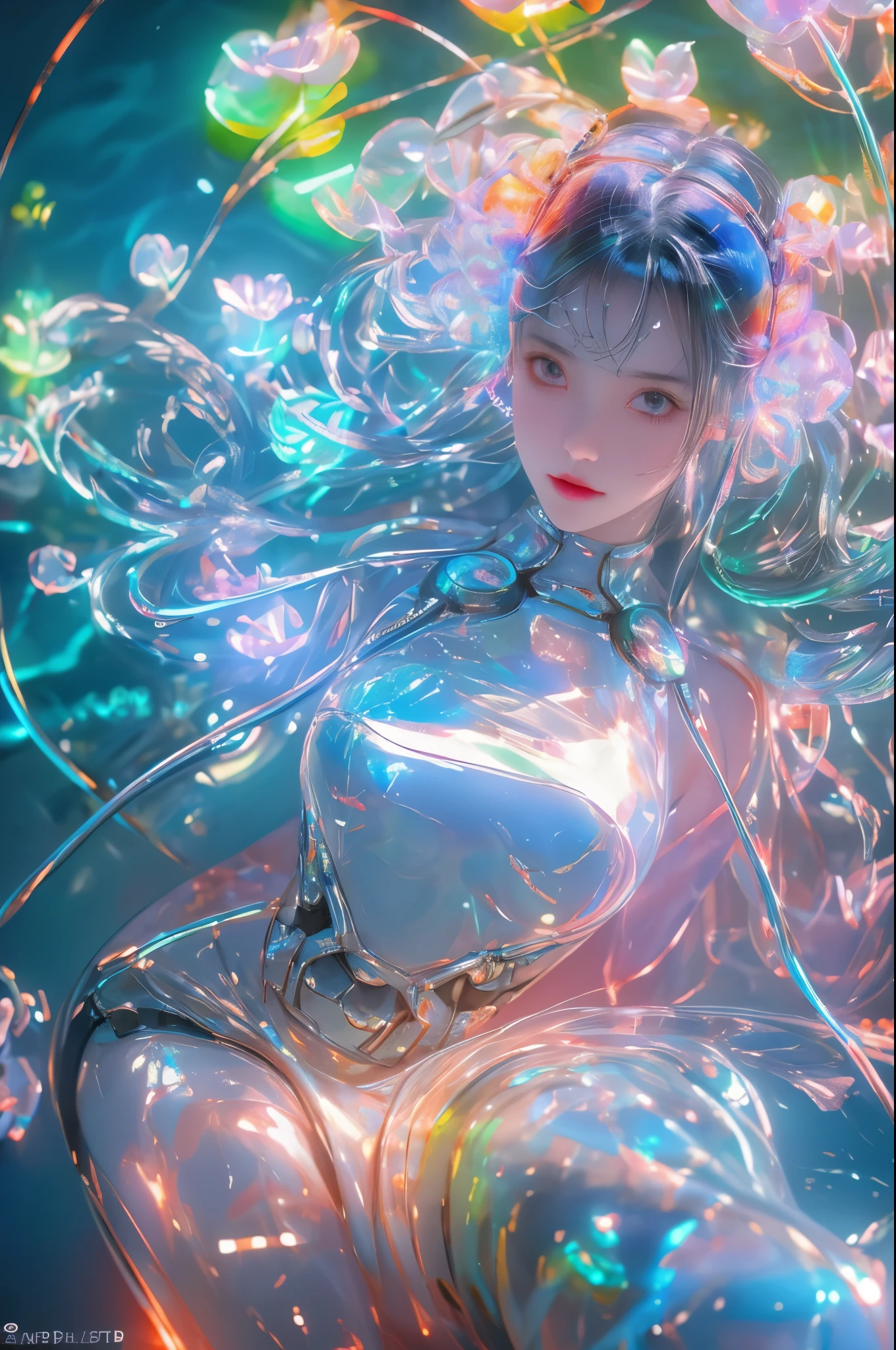 mechanical girl,full-body shot,In the water, fantastic colors, close up, light refracted into water, reflective transparent iridescent colors,soft lighting/ soft light, high detail, ultra high definition((( big hips, breast)))