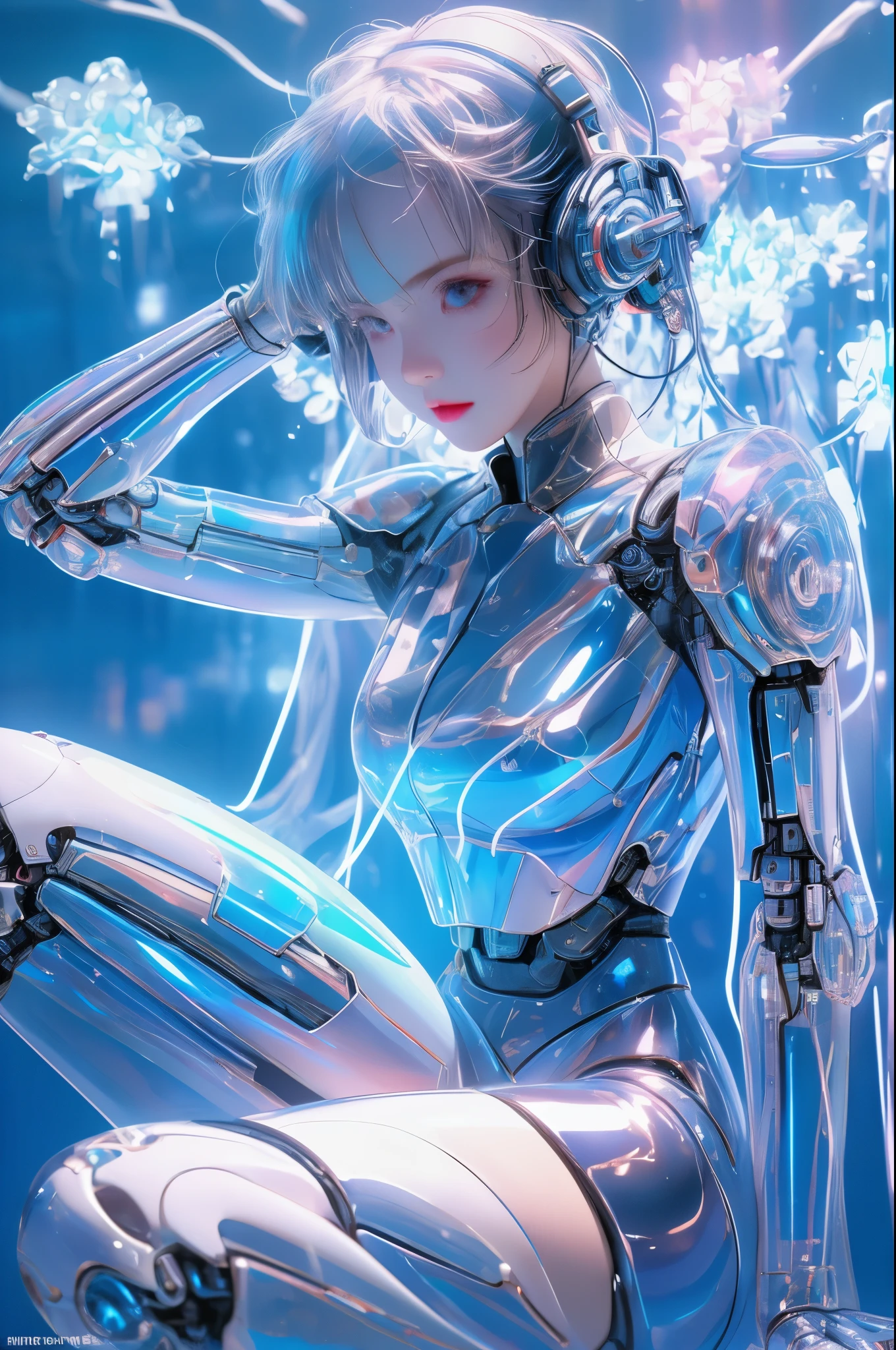 mechanical girl，full-body shot，In the water, fantastic colors, close up, light refracted into water, reflective transparent iridescent colors,soft lighting/ soft light, high detail, ultra high definition