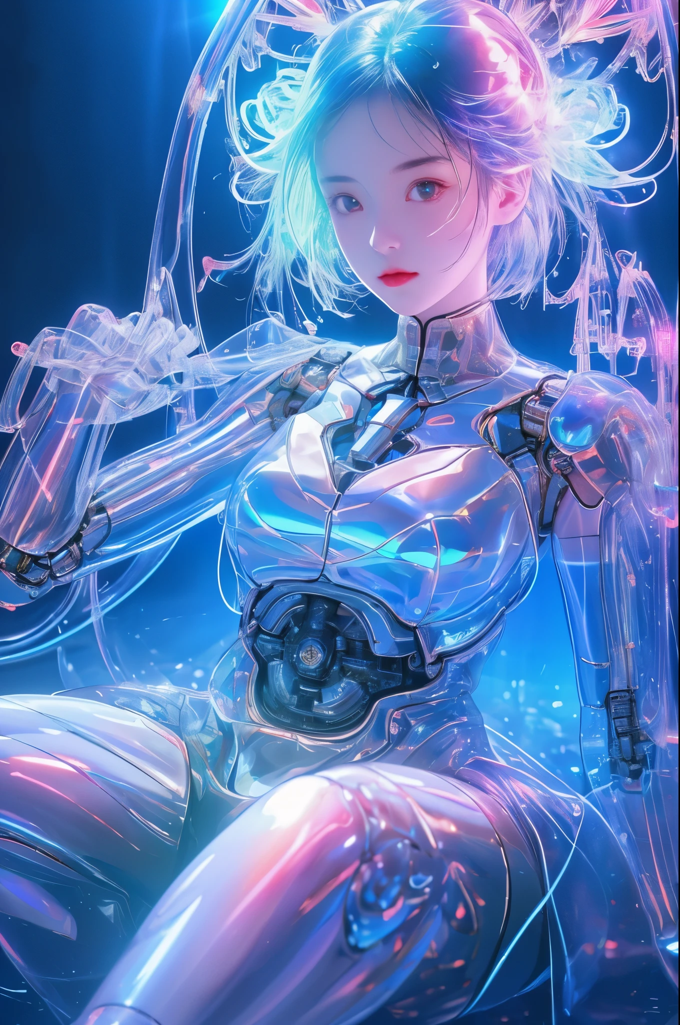 mechanical girl,full-body shot,In the water, fantastic colors, close up, light refracted into water, reflective transparent iridescent colors,soft lighting/ soft light, high detail, ultra high definition