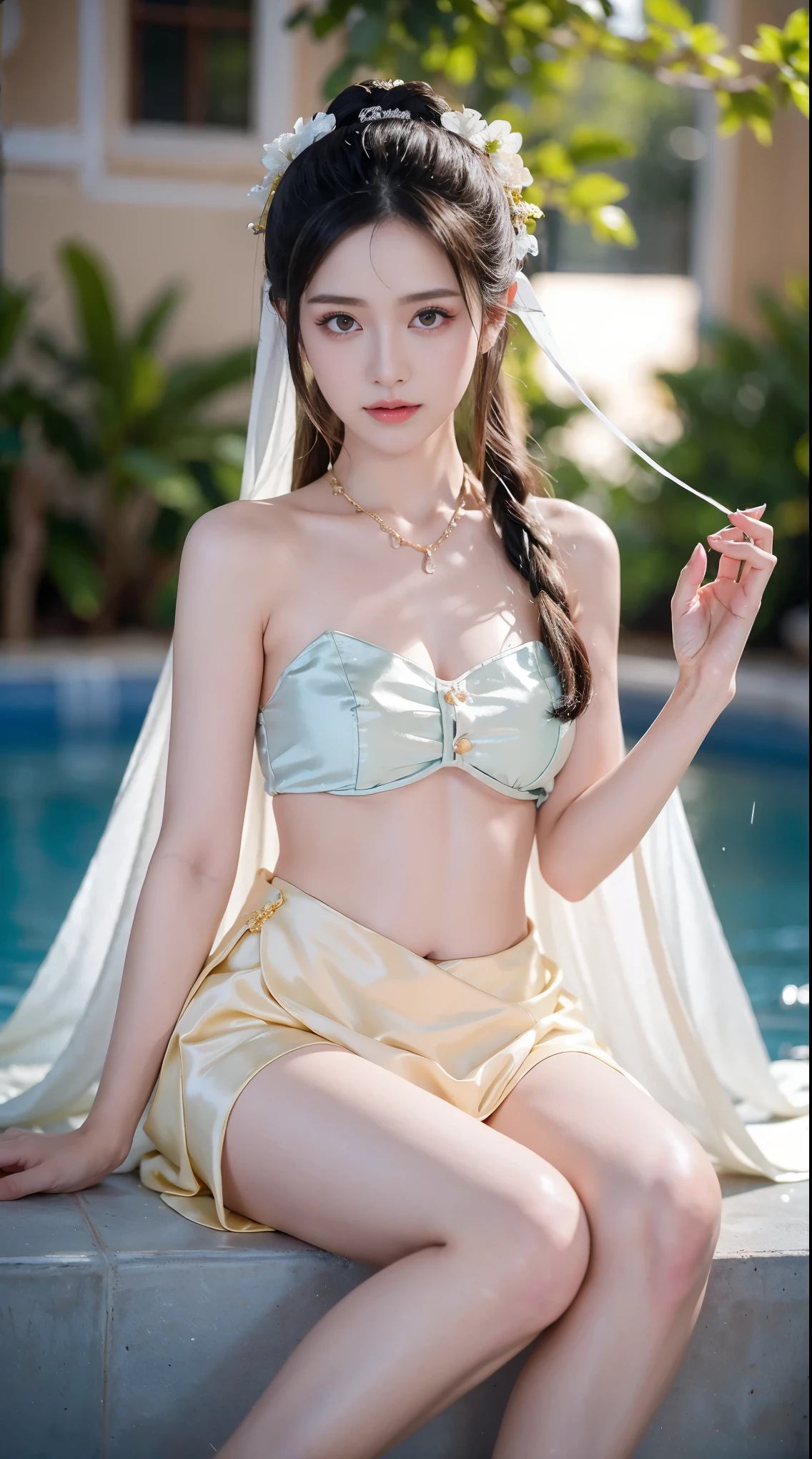 best picture quality，extremely high resolution，Very detailed，stunning girl，sitting in the pool，long eyelashes，big eyes，shining eyes，lying silkworm，plump lips，small nose，a happy expression，Sweet，Exquisite makeup，full-body shot，snow white skin，slim figure，take off shoulders，clavicle，abdomenband，abdomen，abdomen button，Slender white legs，White and tender skin，White embroidered mini skirt，necklace，Showing thighs，lace，Sweet，long hair flying，best quality，masterpiece，full-body shot，facial focus，slim figure，细腰白色abdomenband，imagine，full-body shot
Model: Hanfu, CFG scale: 7, Hire high-end talents: 1.5, Laura: future fashion(0.4)、neon(0.4)、martial arts(0.8)、Asian Face Girls-2(0.4)、poetic fairy tale(0.01)