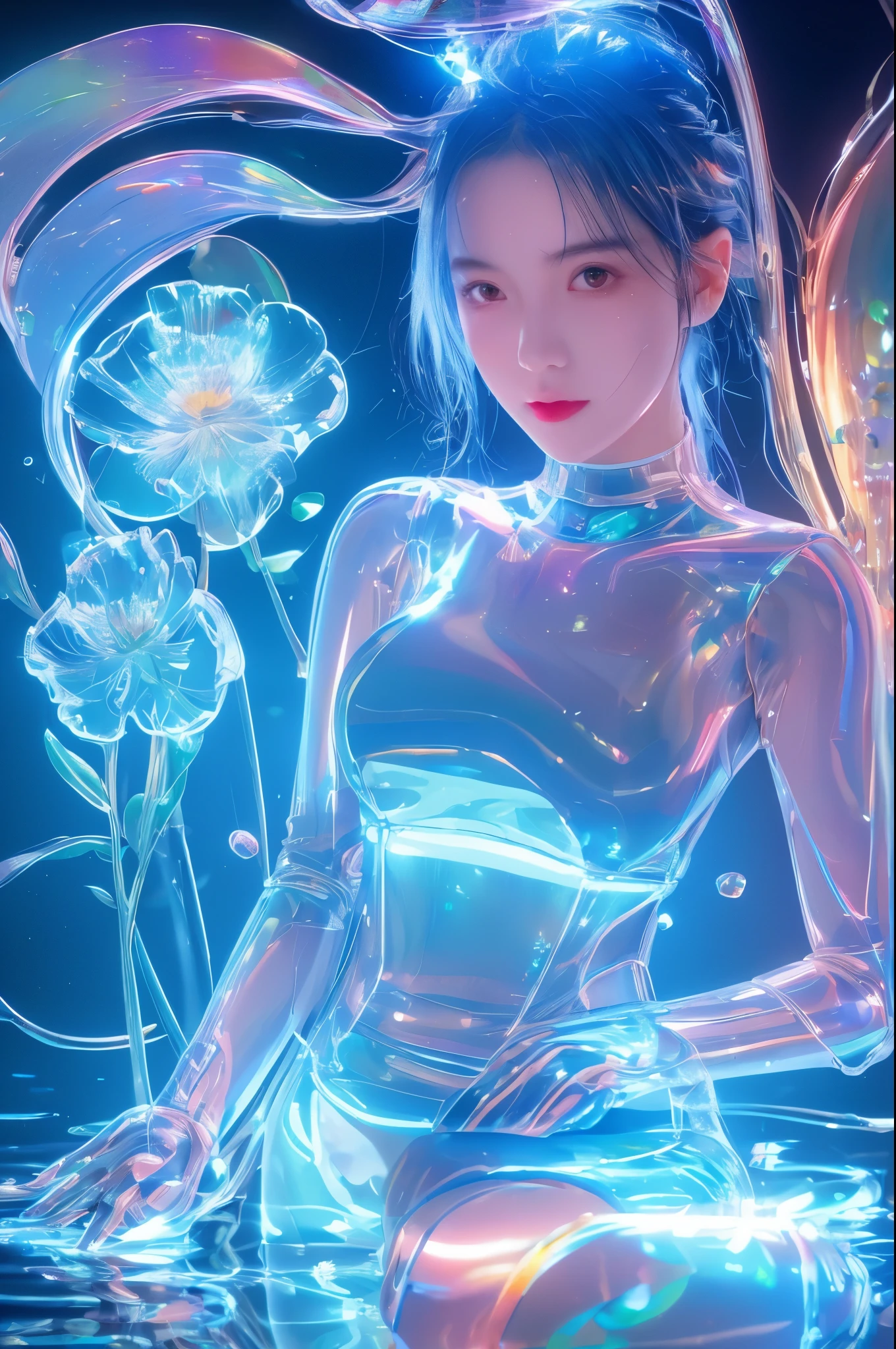 mechanical girl,full-body shot,In the water, fantastic colors, close up, light refracted into water, reflective transparent iridescent colors,soft lighting/ soft light, high detail, ultra high definition
