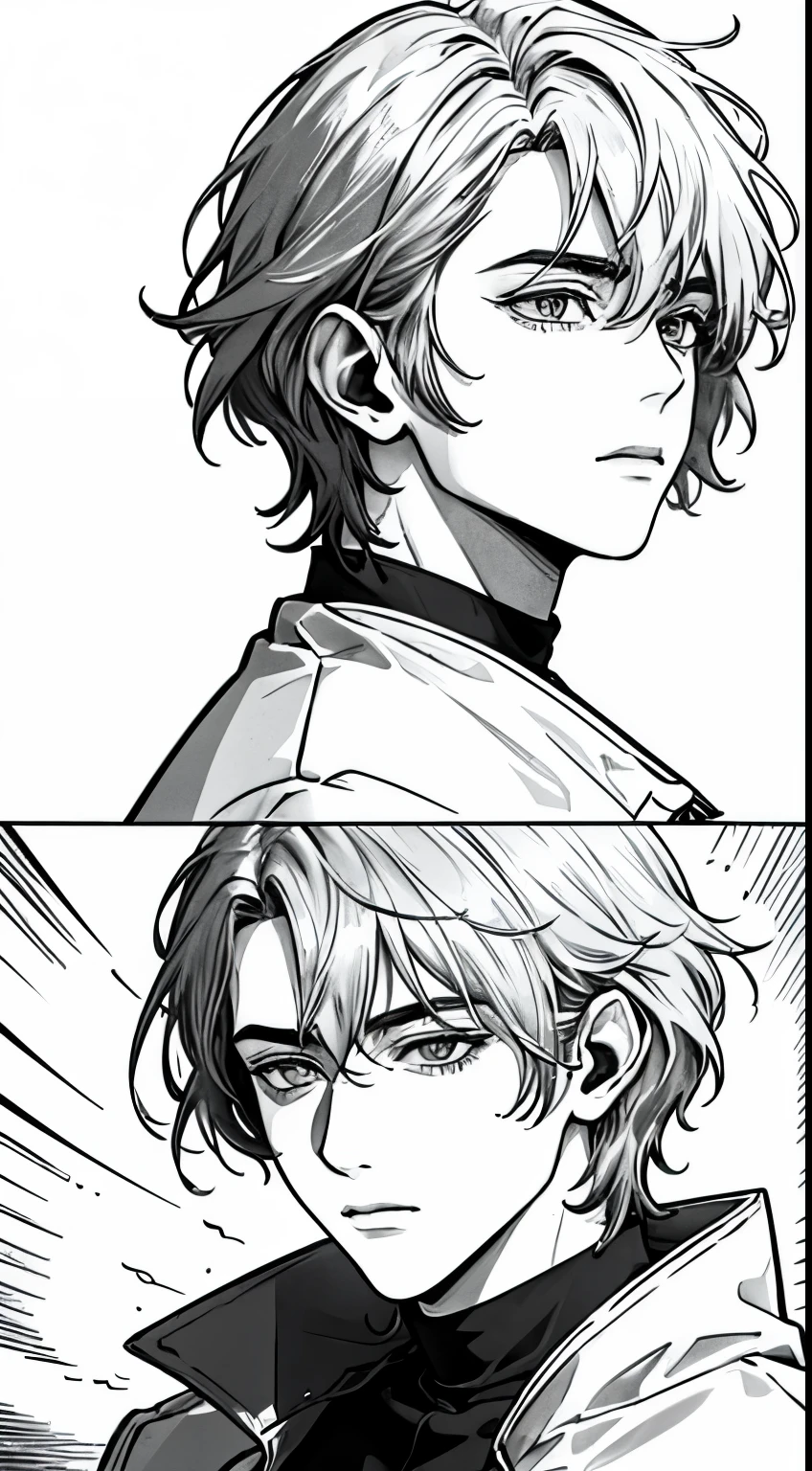 Un jeune homme aux cheveux longs, fond noir, triste, depressed, Pleurs, sans expression, coup de buste, rough lignes expressives, lignes expressives, lignes sombres, lignes denses, Travail de ligne forte, masterpiece, best quality, mangas en noir et blanc, super bien, extremely delicate and beautiful,, Le style artistique de Kazuki Yone, Detailed eyes, detailed face