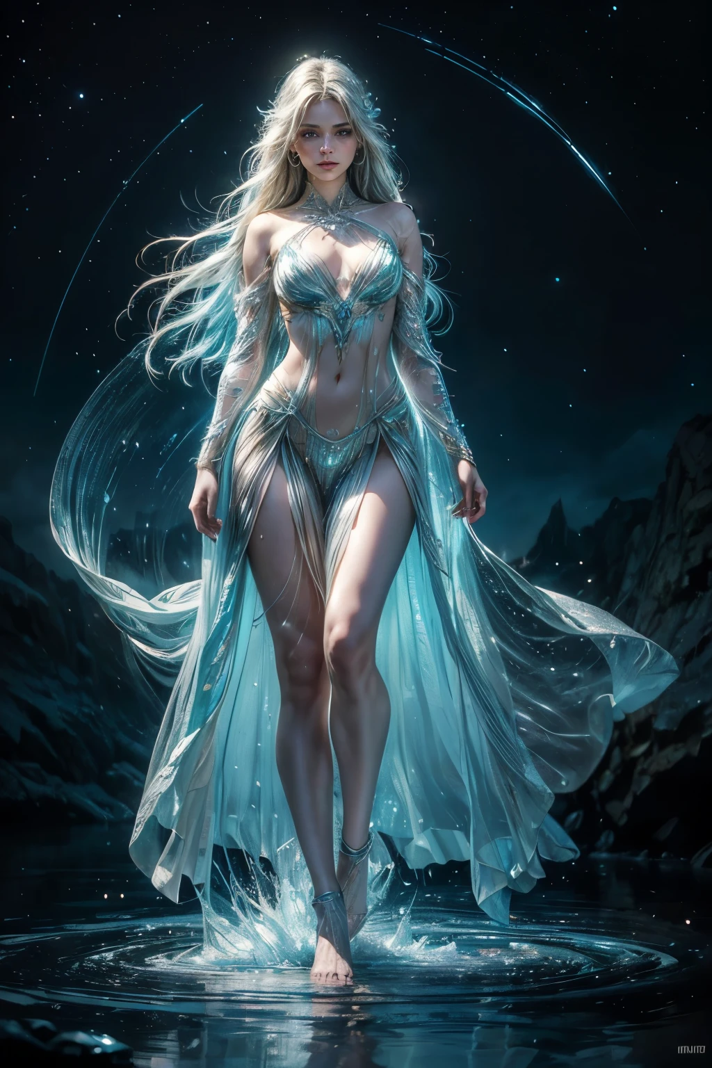 (best quality,4k,8k,highres,masterpiece:1.2),ultra-detailed,(realistic,photorealistic,photo-realistic:1.37),beautiful detailed eyes,beautiful detailed face,neon colors,full body,space background,waterfall,3D rendering,shimmering,star-filled backdrop,majestic,flowing water,serene atmosphere,glowing lights,reflective surfaces,subtle gradients,crystal-clear reflection,eclectic mix of colors,sublime,ethereal beauty,airy and graceful motion,extraordinary depth,mesmerizing,Otherworldly aesthetics,a seamless blend of fantasy and reality,dynamic and captivating scene,meticulously crafted features,intricate details,transcendent experience.