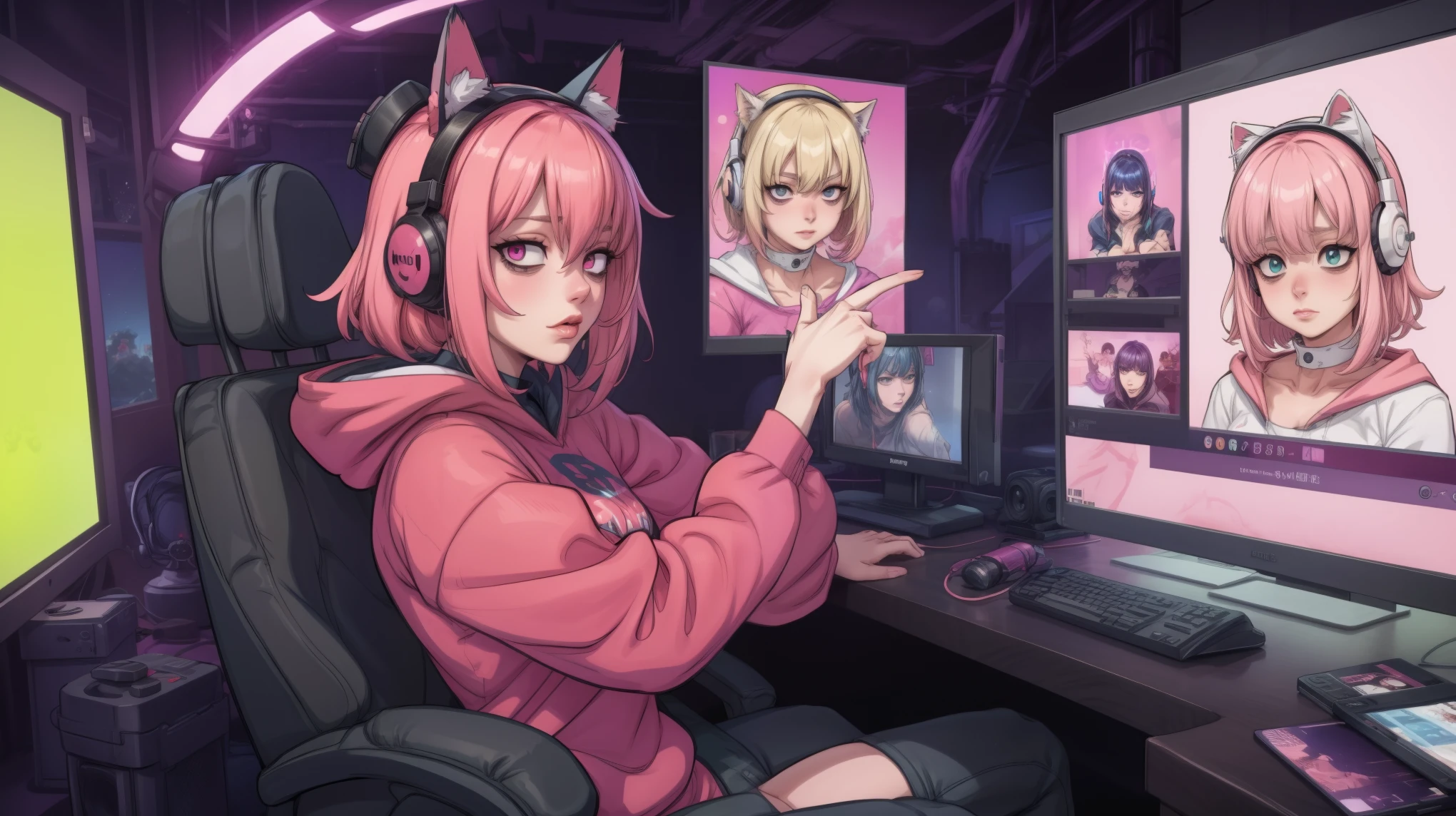  vtuber streaming in her gamer studio she would be sitting in a gamer chair her short pink hair her eyes shine green (((a solo woman))) gamer headphones with cat ears glowing playing among us
