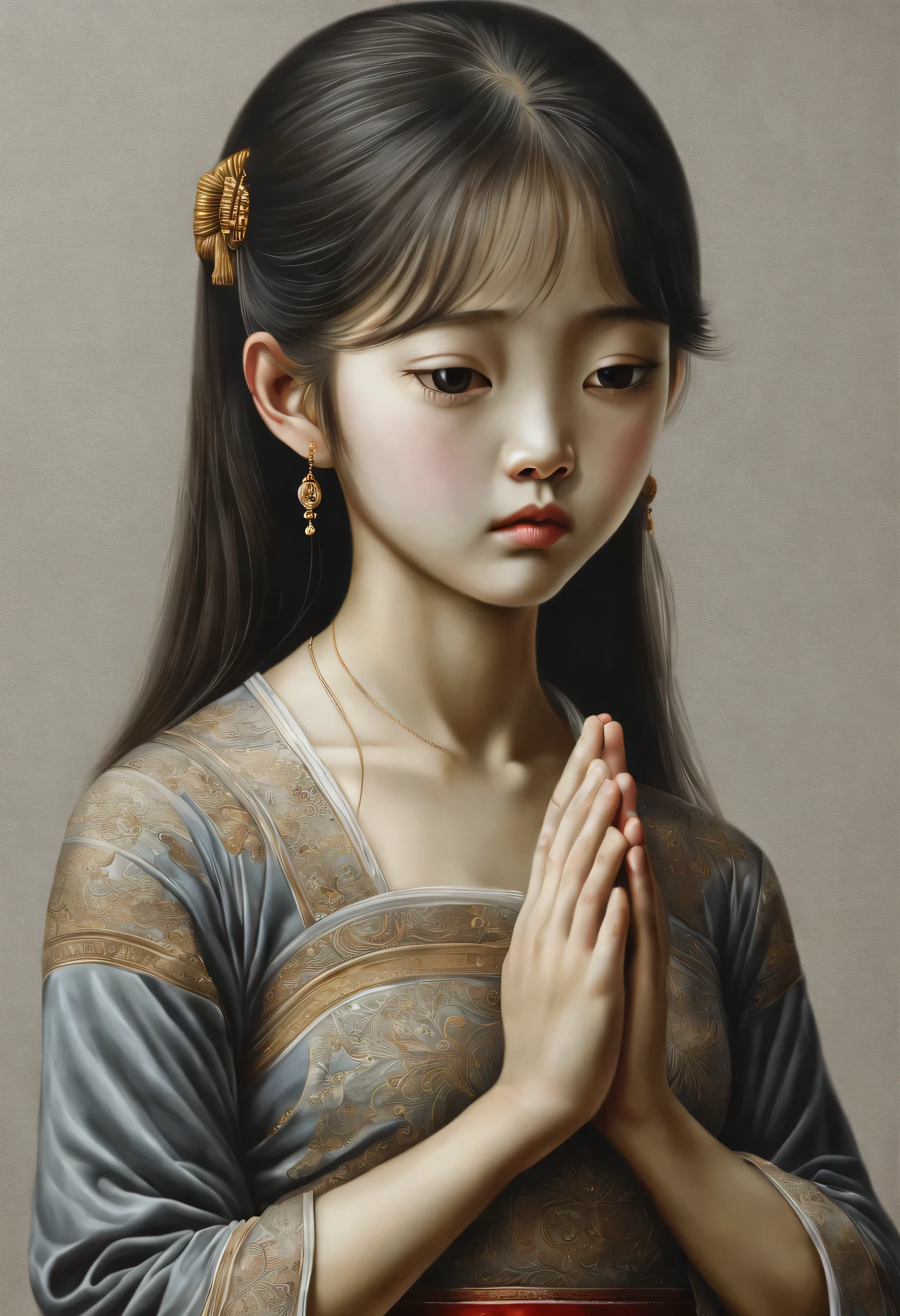 New Gongbi Painting,ung girl standing in front of gray background,skirt,Hands in one,praying to camera,Perfect body,intricate details