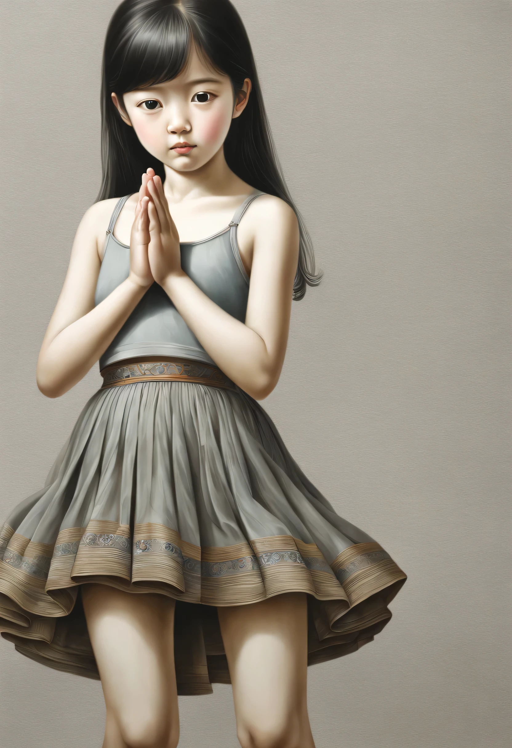 New Gongbi Painting，1 young girl standing in front of gray background，skirt，Hands in one，praying to camera，Perfect body，intricate details