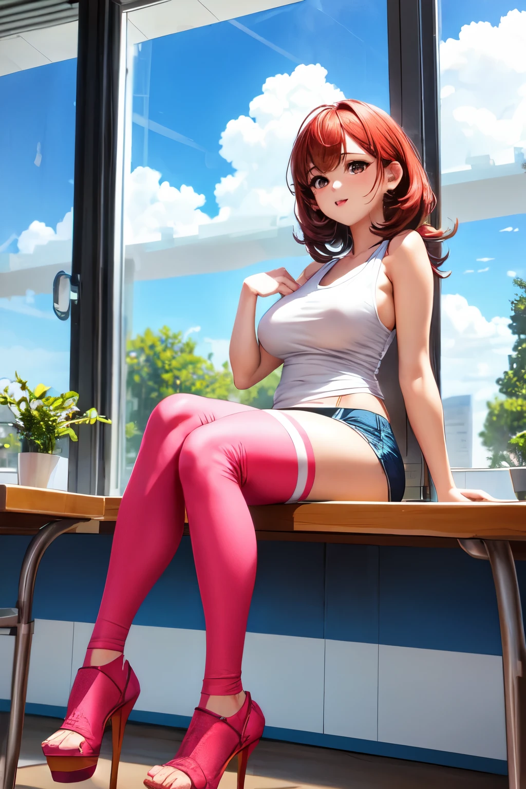 1 chica, cabello rojo, transparent white tight tank top, escote muy grande, busto grande, sentada en una silla, atraves de una ventana, en una cafeteria, piernas abiertas, mini falda, pezones muy marcados,